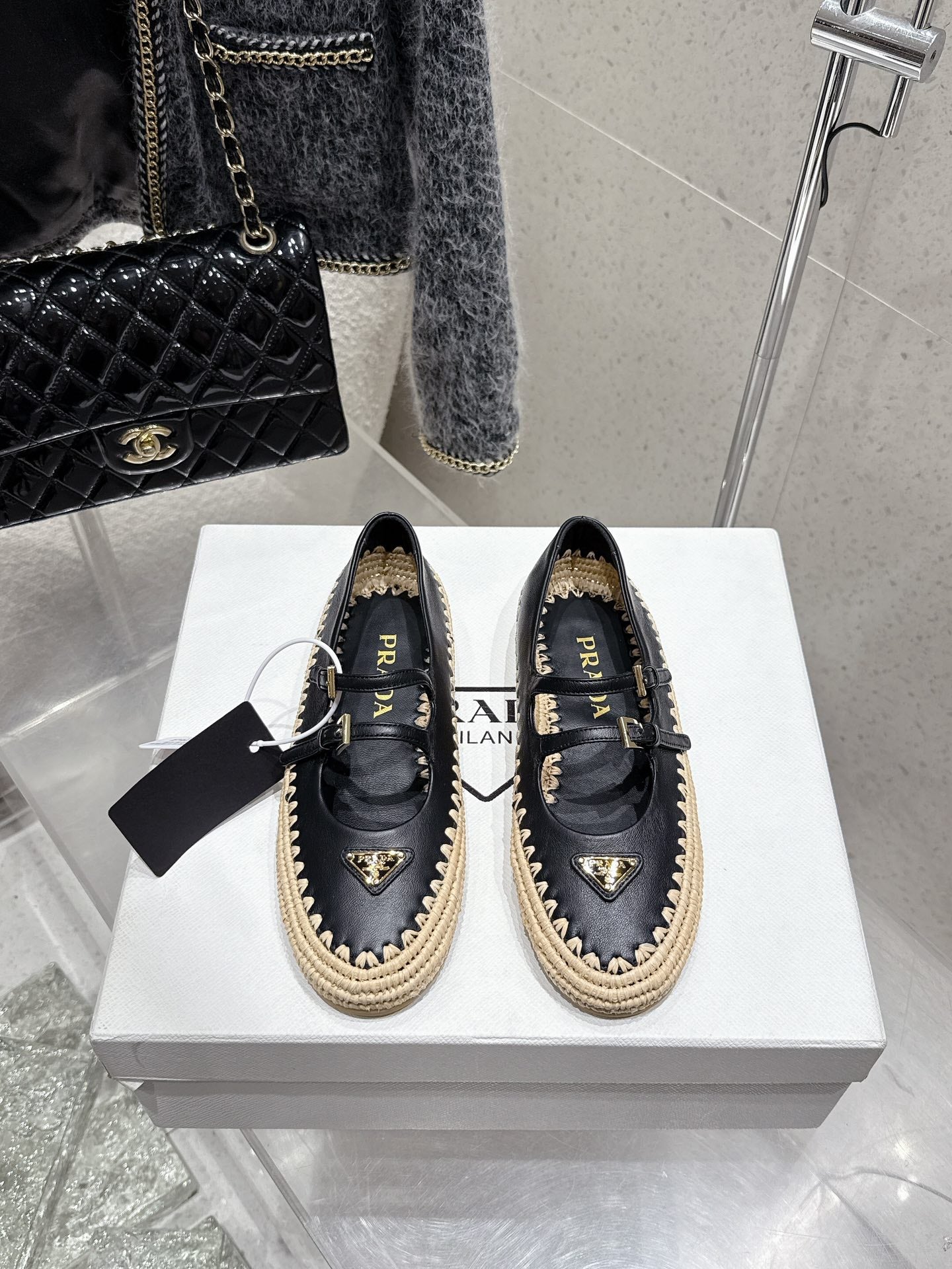 Pra 2025 Ballet Flat Black Beige Cowhide Woven 554289