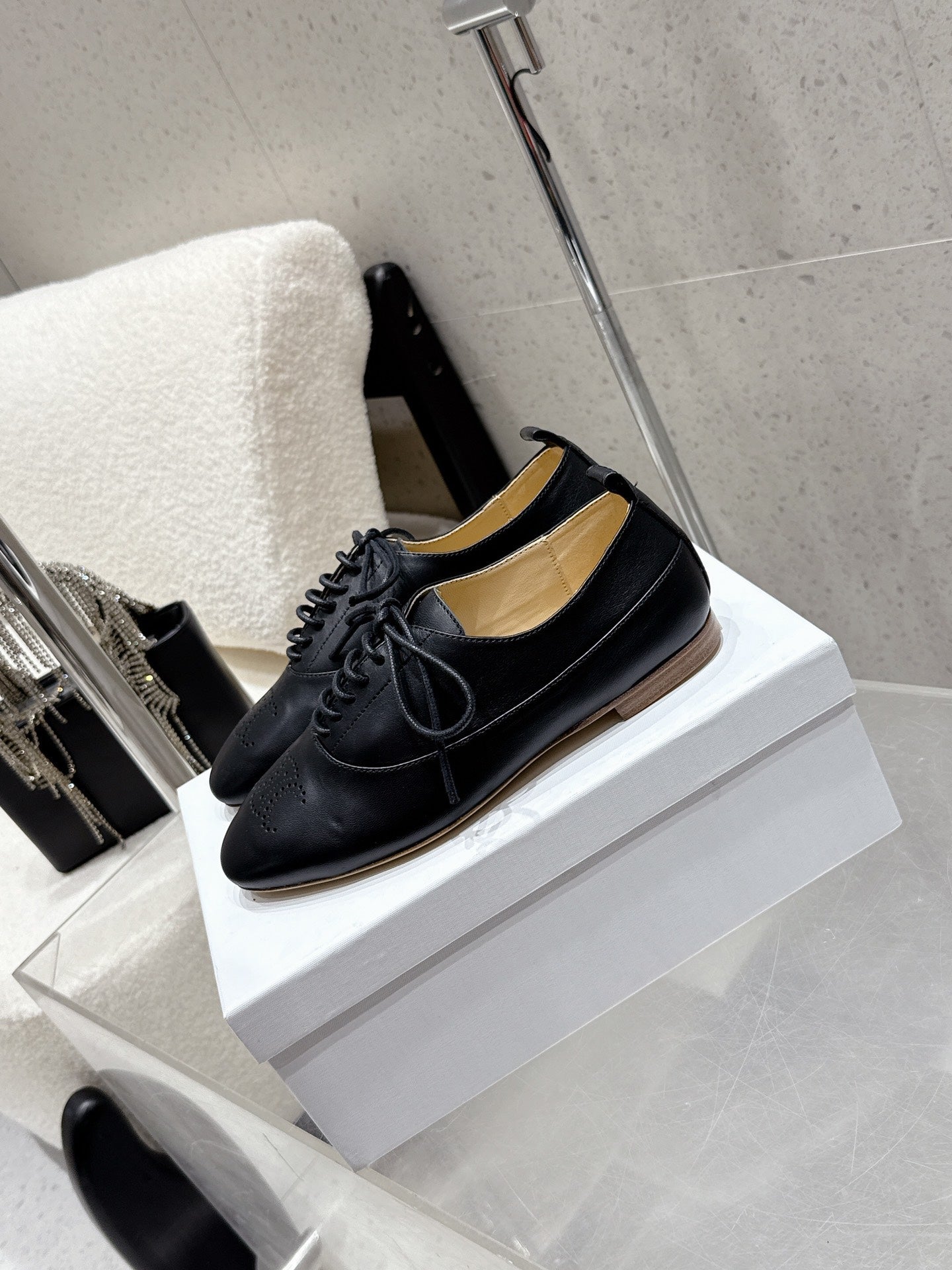 Celine 25 Lise Perforated Triomphe Richelieu Shoe Black Lambskin 554195