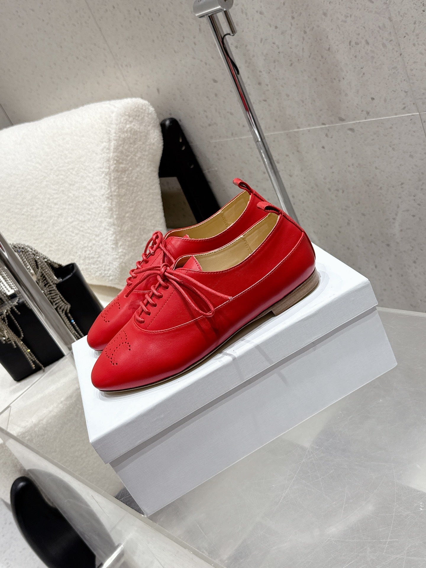 Celine 25 Lise Perforated Triomphe Richelieu Shoe Red Lambskin 554197