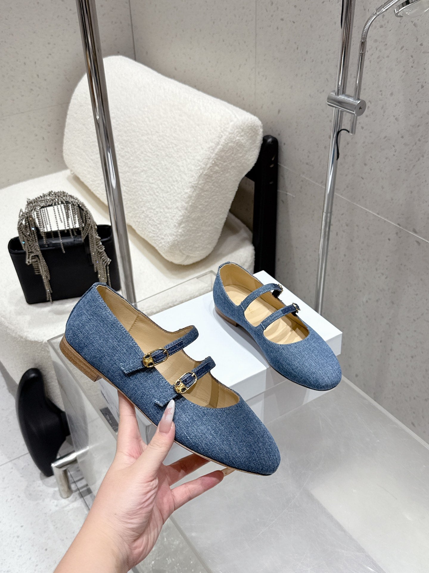 Celine 25 Ballet Flat Leopard Denim Fabric mix Cowhide 554200