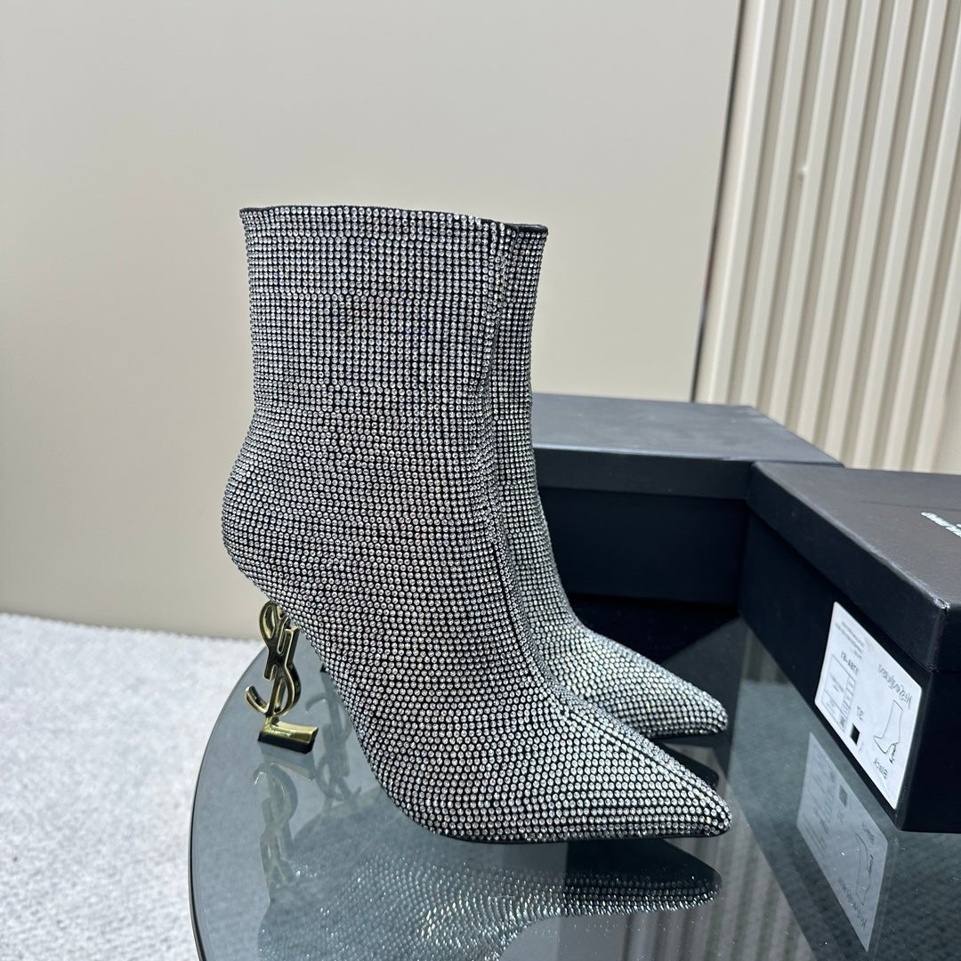 SL OPYUM GLITTER HEELED BOOT BLACK CALFSKIN