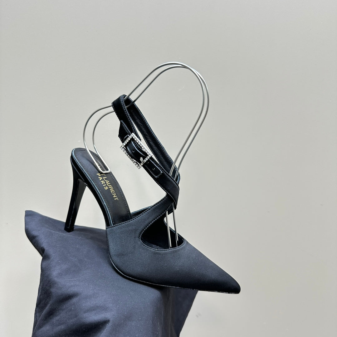 SL CROSS-STRAP SLINGBACK BLACK SATIN
