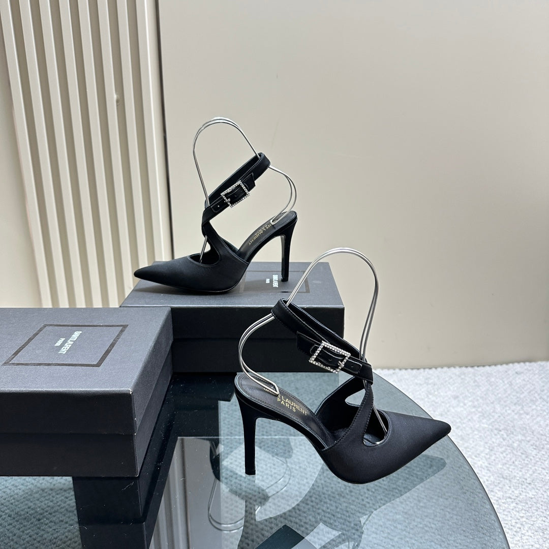 SL CROSS-STRAP SLINGBACK BLACK SATIN