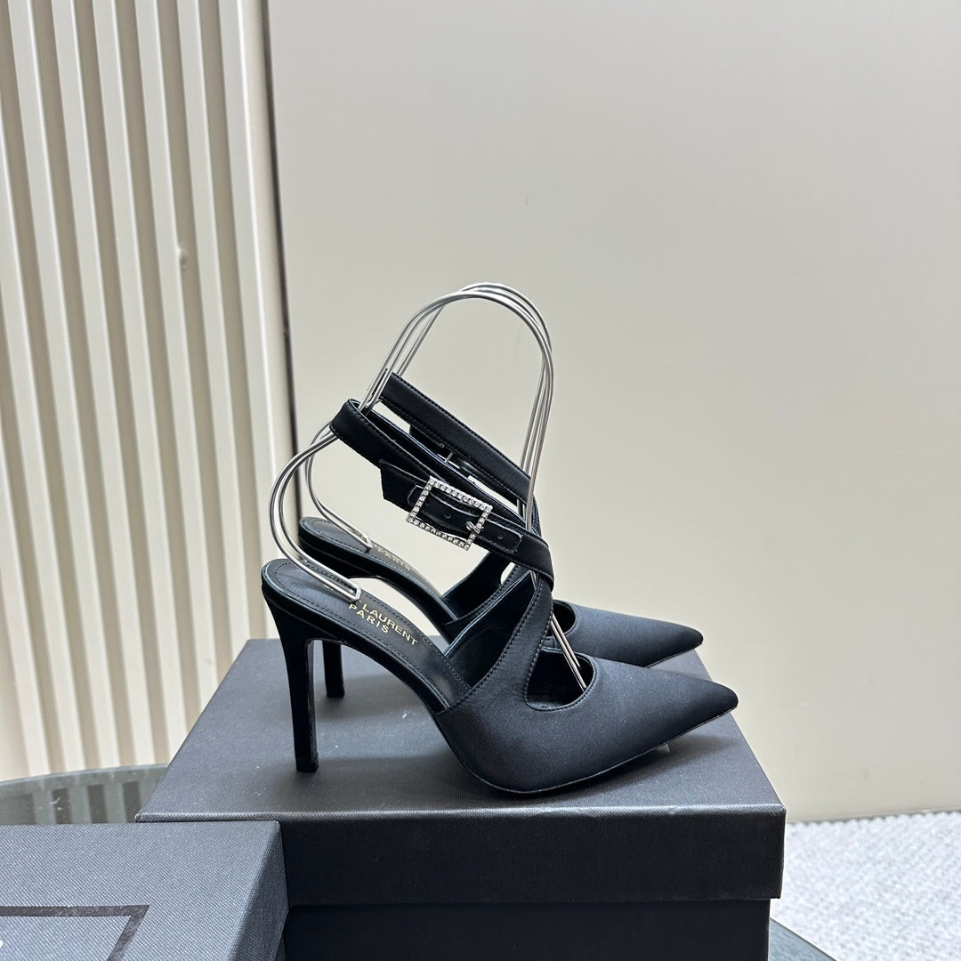 SL CROSS-STRAP SLINGBACK BLACK SATIN