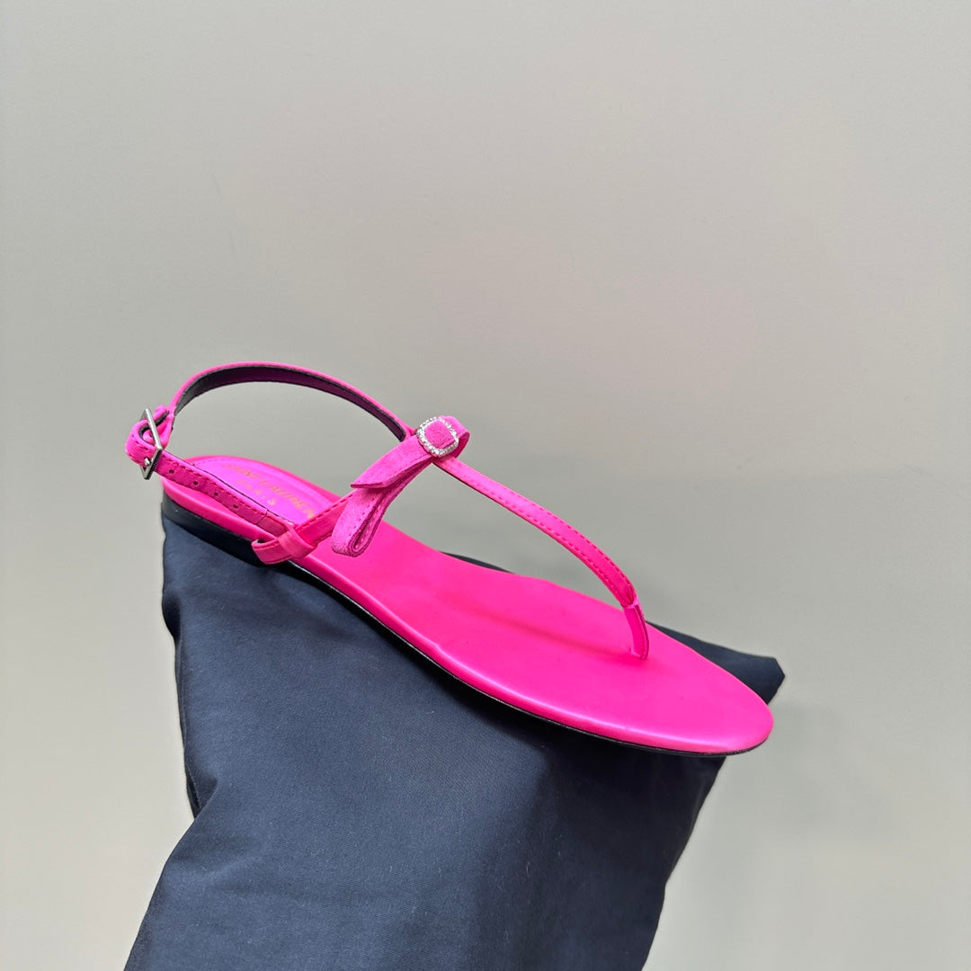 SL CRYSTAL T-STRAP FLAT SANDAL BRIGHT PINK SATIN