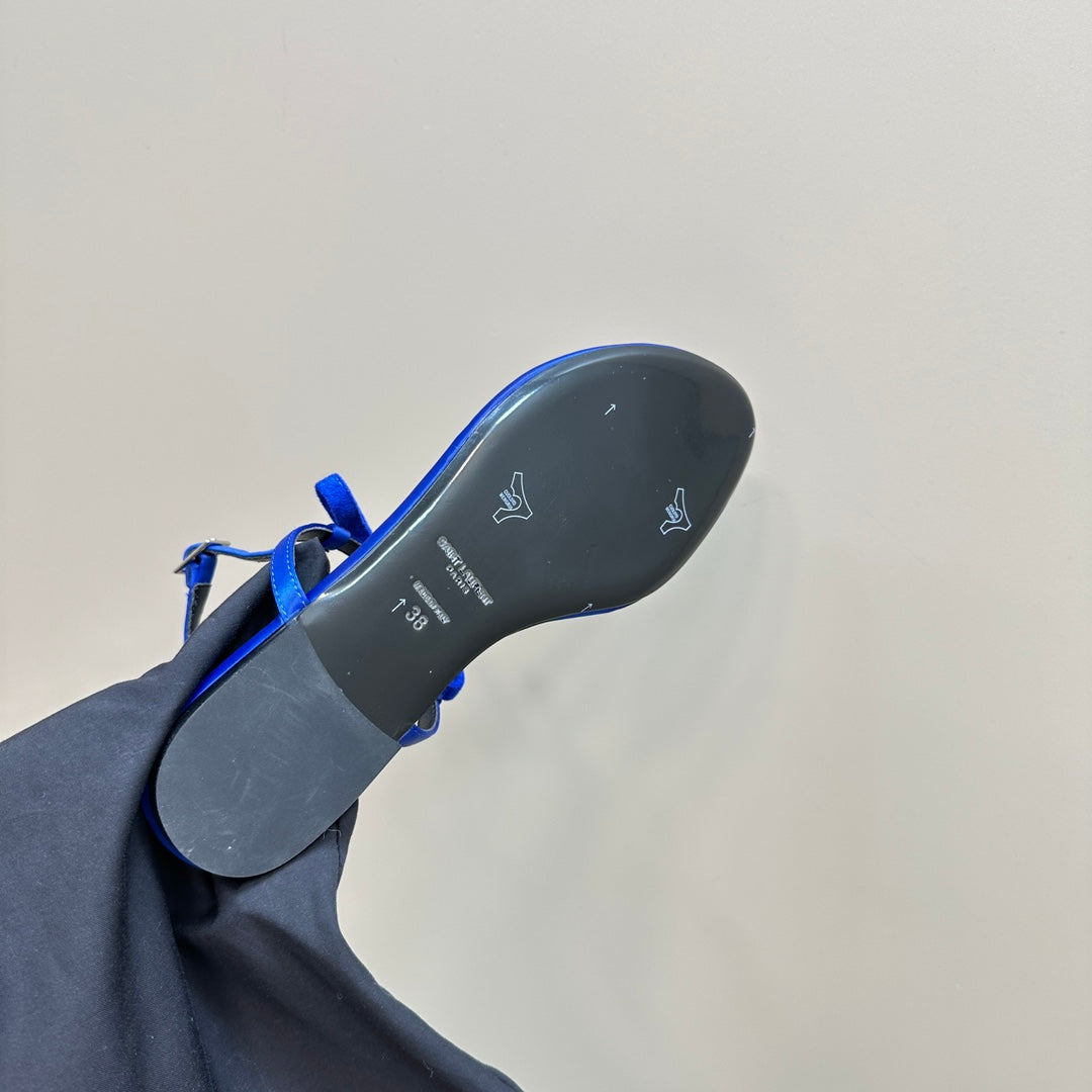 SL CRYSTAL T-STRAP FLAT SANDAL COBALT SATIN