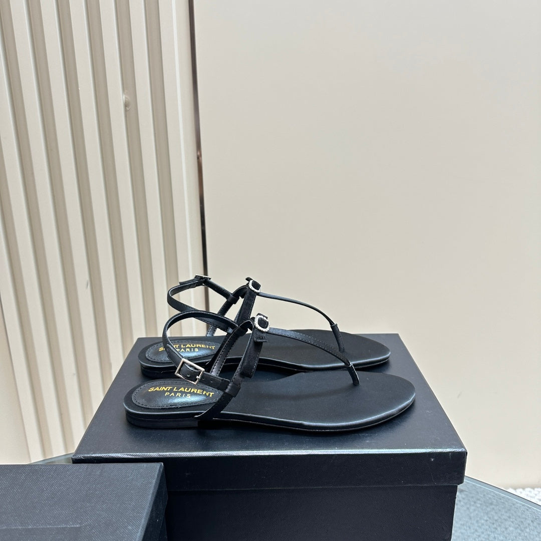 SL CRYSTAL T-STRAP FLAT SANDAL BLACK SATIN