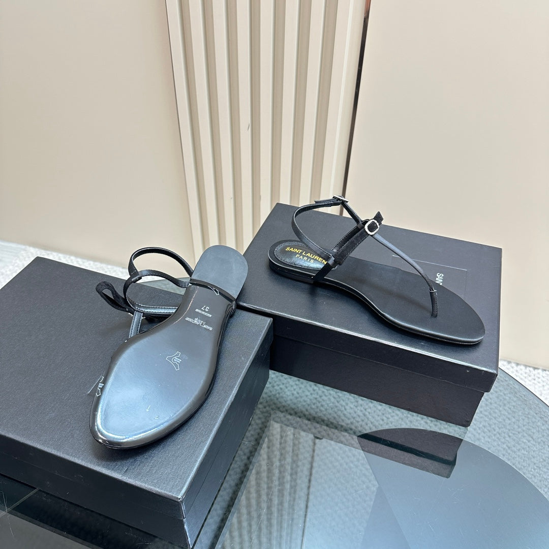 SL CRYSTAL T-STRAP FLAT SANDAL BLACK SATIN