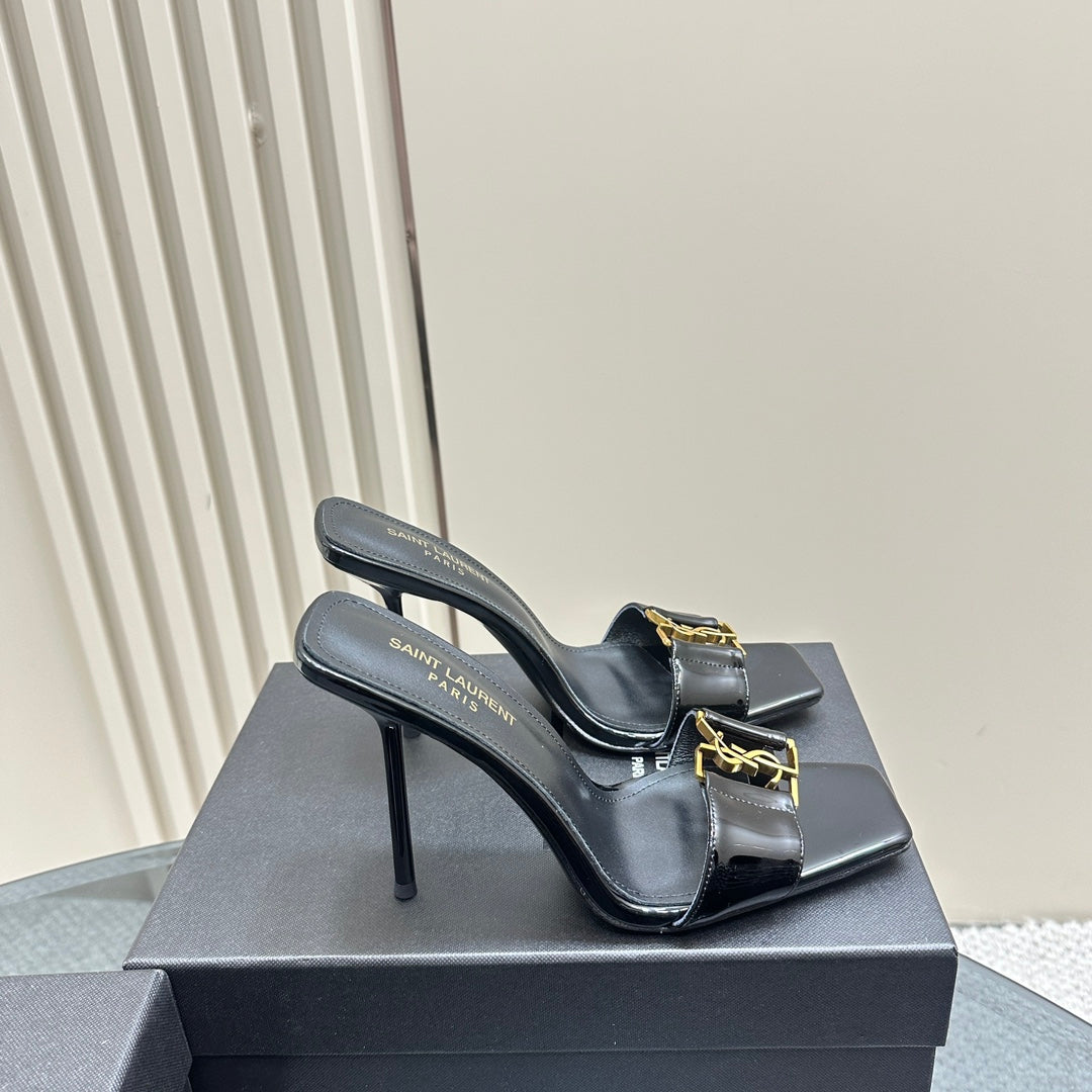 SL BABYLONE SLIDE PUMPS 115 BLACK POLISHED CALFSKIN