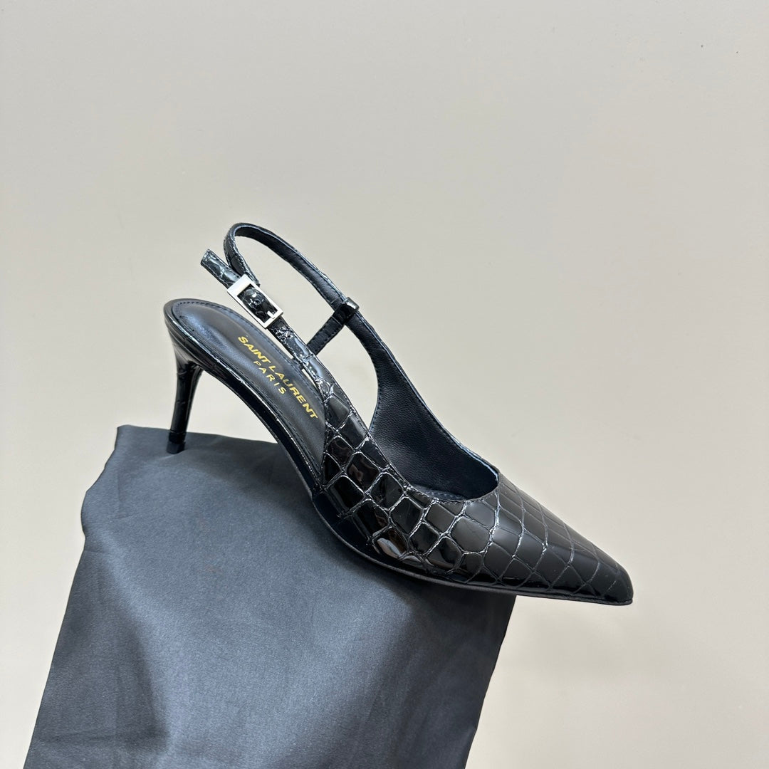 SL TRAPEZE CROCODILE MOTIF SLINGBACK PUMP BLACK CALFSKIN