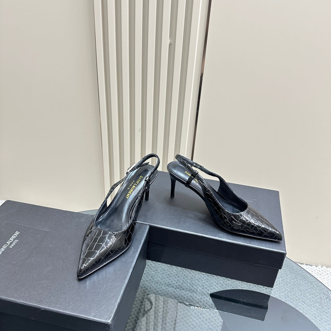 SL TRAPEZE CROCODILE MOTIF SLINGBACK PUMP BLACK CALFSKIN