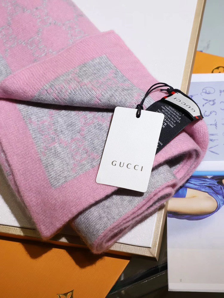 GG Double G Jacquard Scarf 180CM  Pink Gray Wool 282698