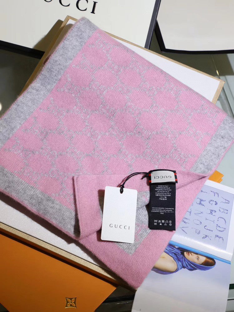 GG Double G Jacquard Scarf 180CM  Pink Gray Wool 282698