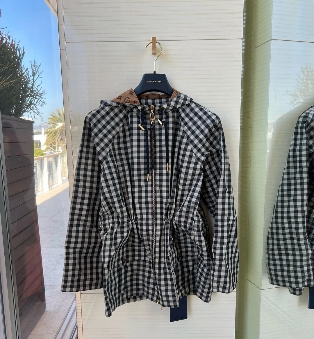 Lv Check Hooded Milky White Parka 224845