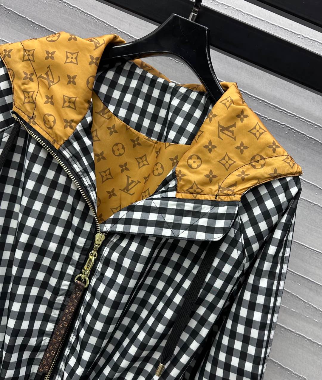 Lv Check Hooded Black White Parka 224851