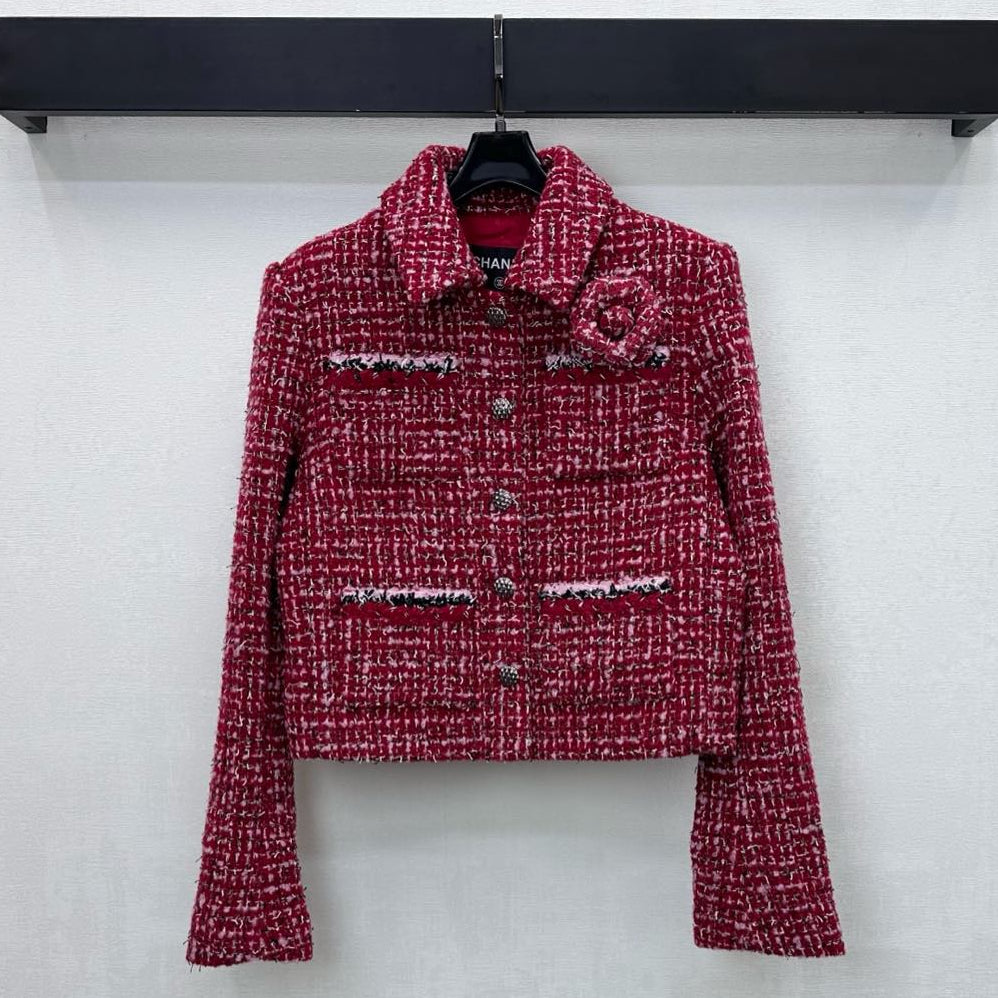 Chanel 25 Coat With Lapel Brooch Red Wool 319938