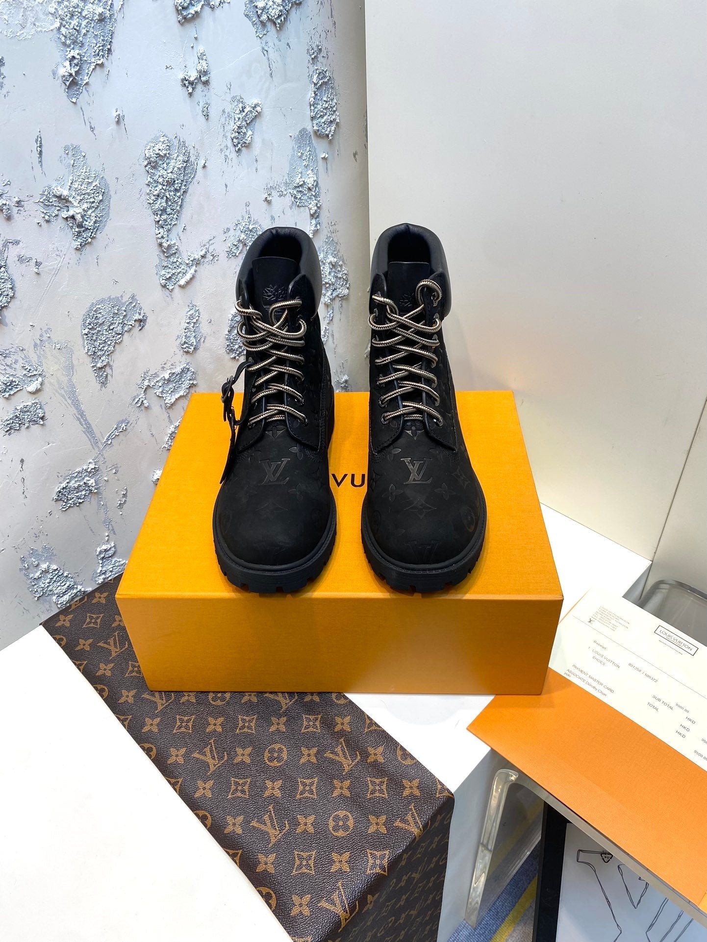 LV x Timberland Ankle Boots 35mm Black Monogram Suede