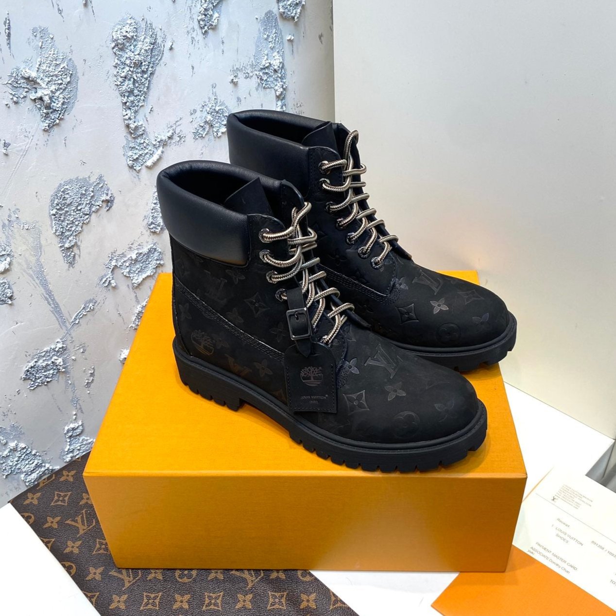 LV x Timberland Ankle Boots 35mm Black Monogram Suede