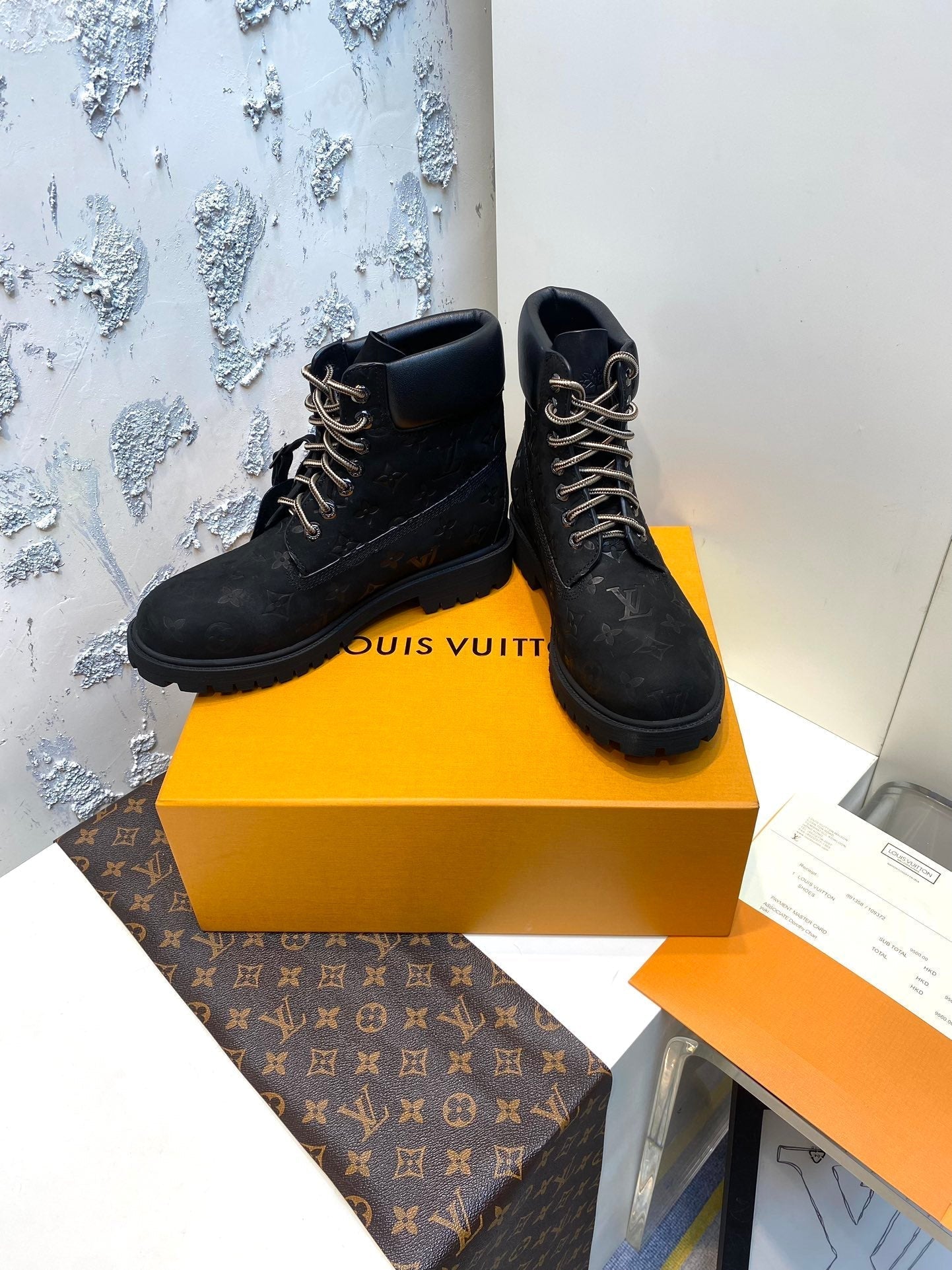 LV x Timberland Ankle Boots 35mm Black Monogram Suede