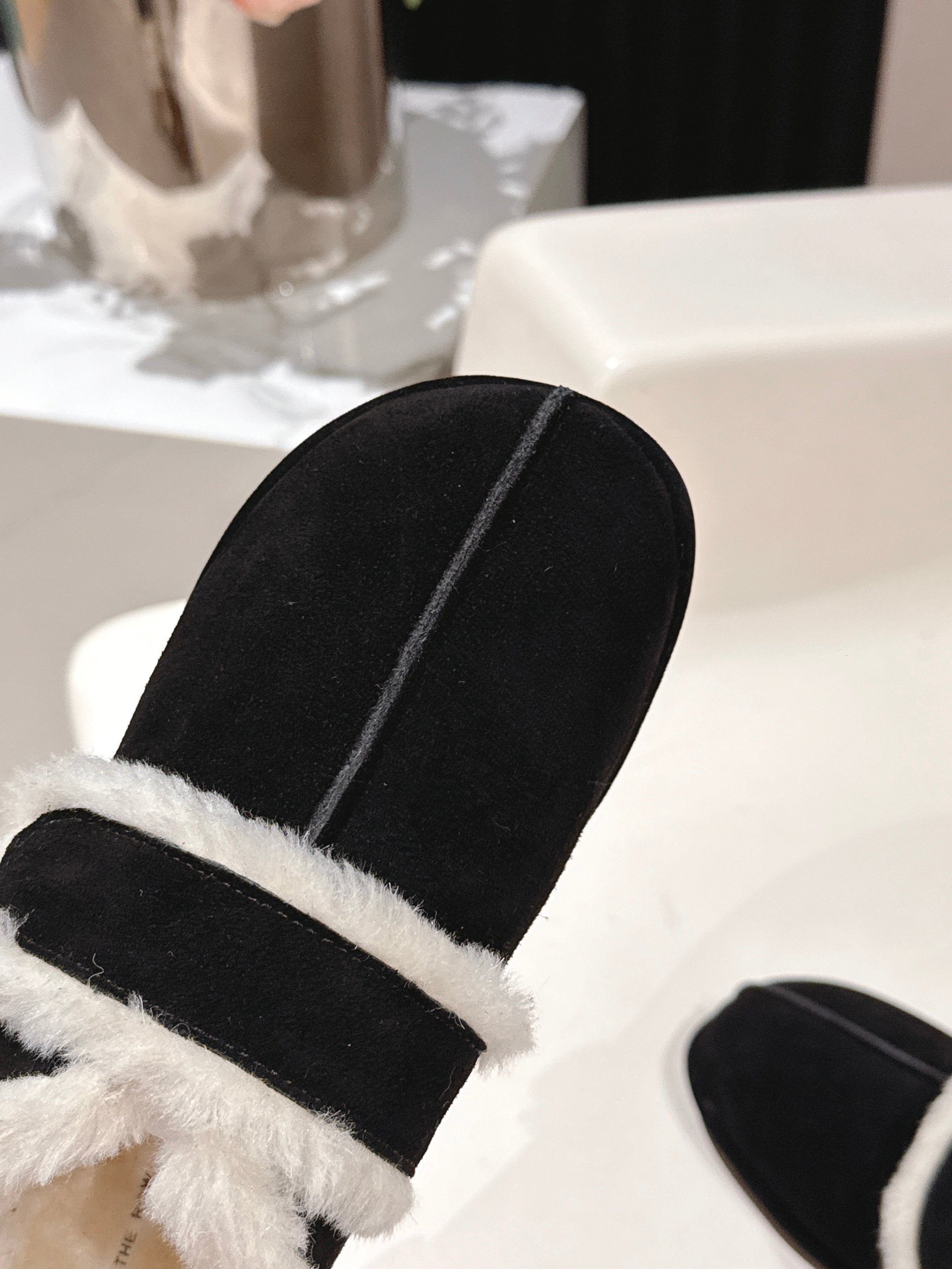 The Row 2025 Furry Shoe Black White Suede Wool 560592