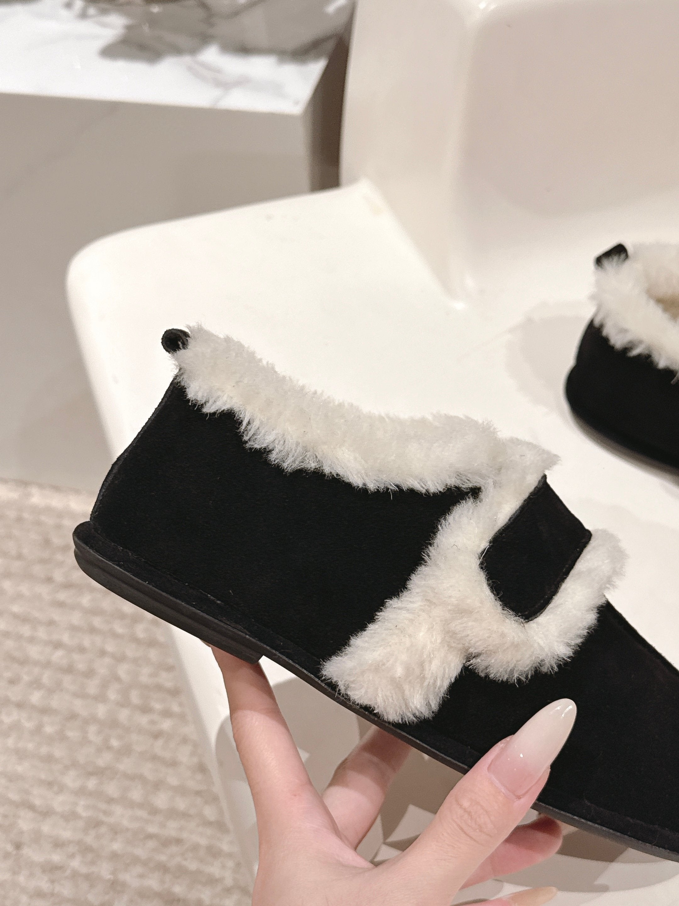 The Row 2025 Furry Shoe Black White Suede Wool 560592