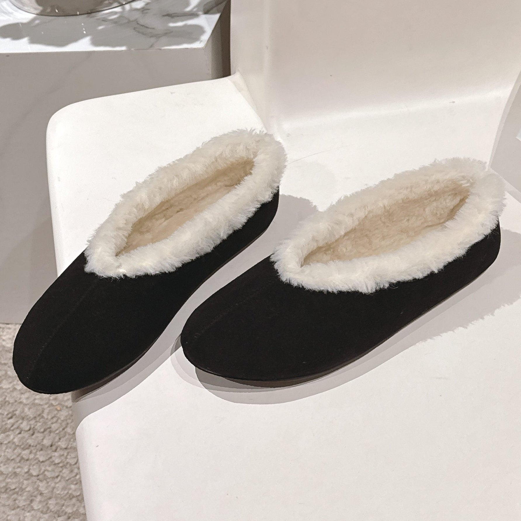 The Row 2025 Fur-lined Flat Shoe Black mix White Suede Wool 560505