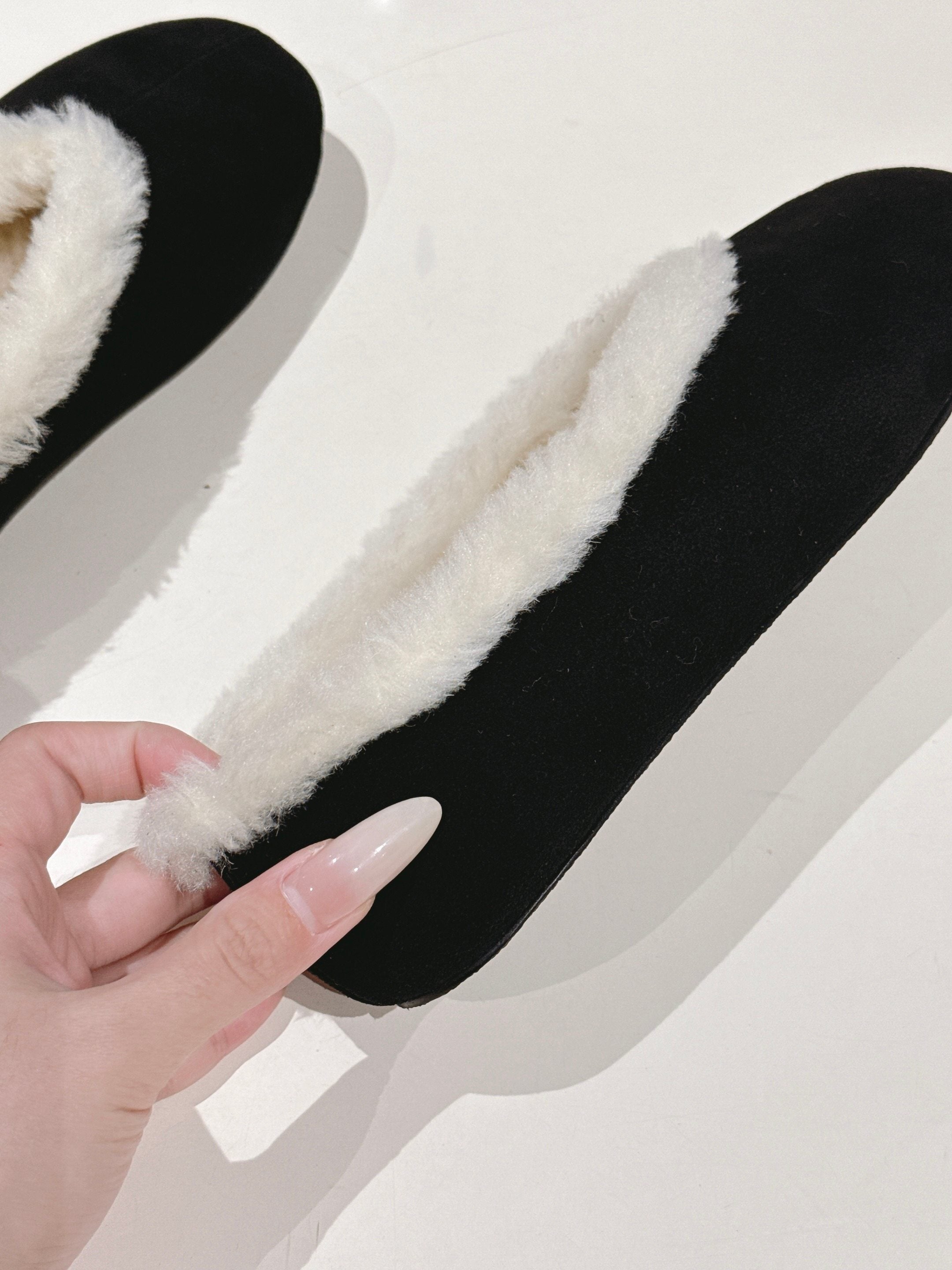 The Row 2025 Fur-lined Flat Shoe Black mix White Suede Wool 560505