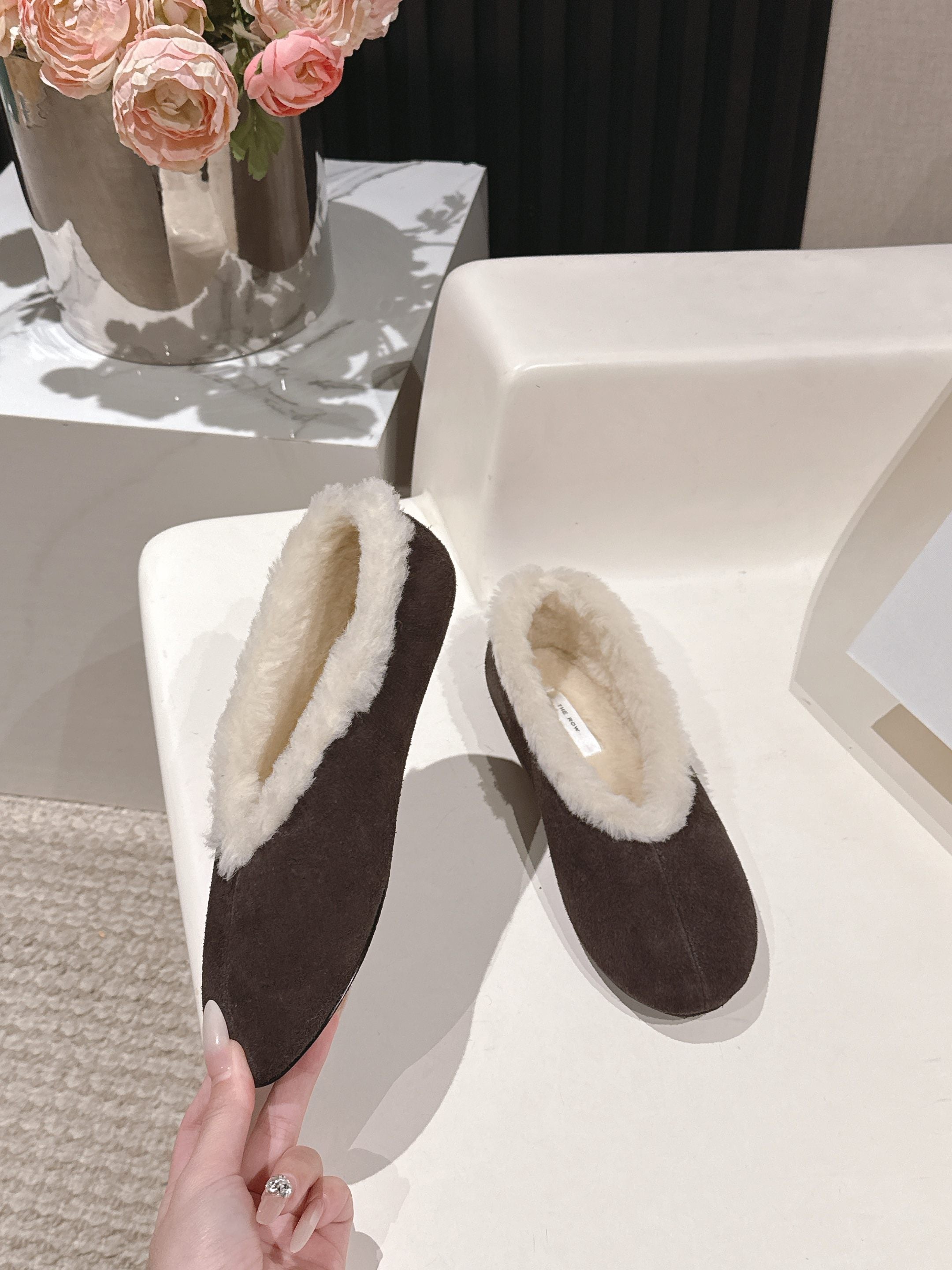 The Row 2025 Fur-lined Flat Shoe Dark Brown mix White Suede Wool 560506