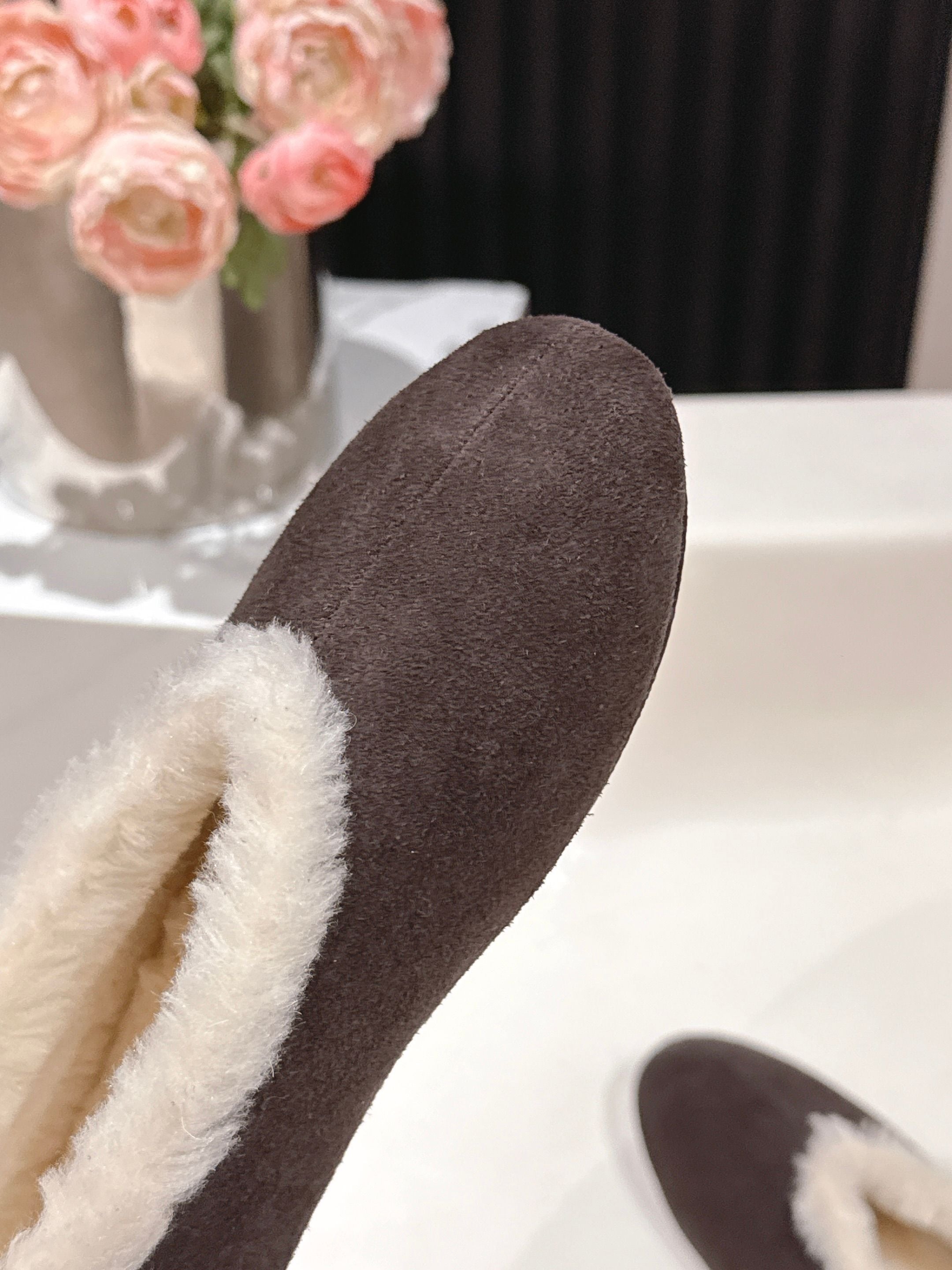 The Row 2025 Fur-lined Flat Shoe Dark Brown mix White Suede Wool 560506