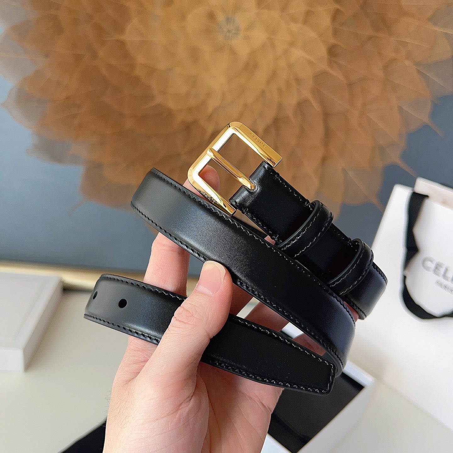 CL Gold 25mm Triomphe Belt Black Cowhide 616412