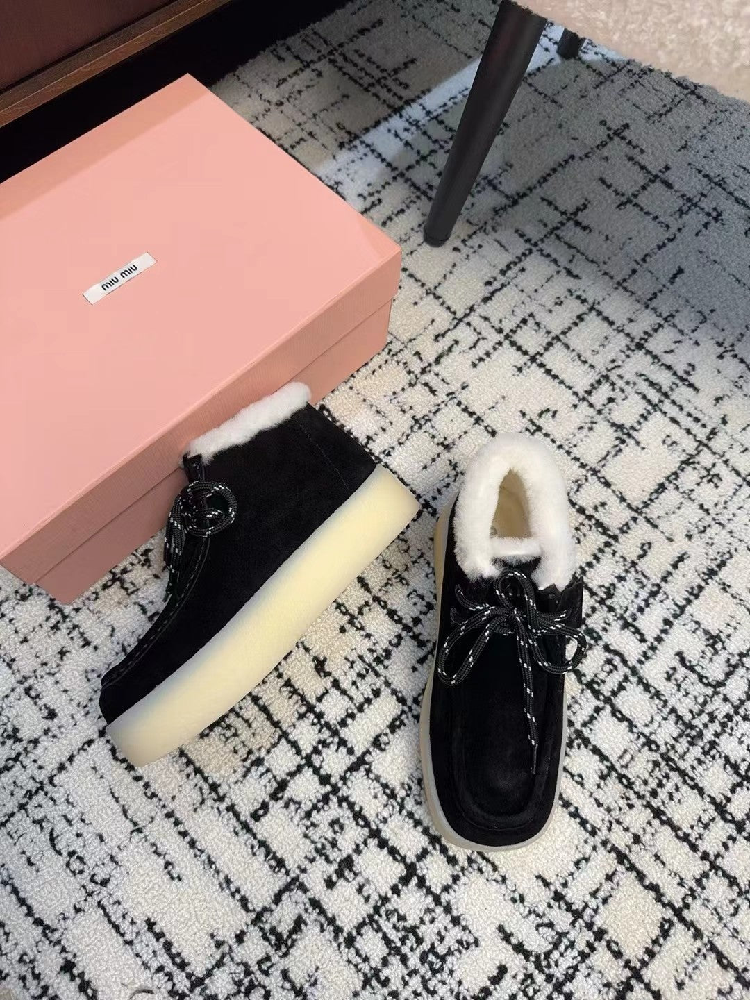 Miu Ankle Boots Black Fleece Lining Cow Suede