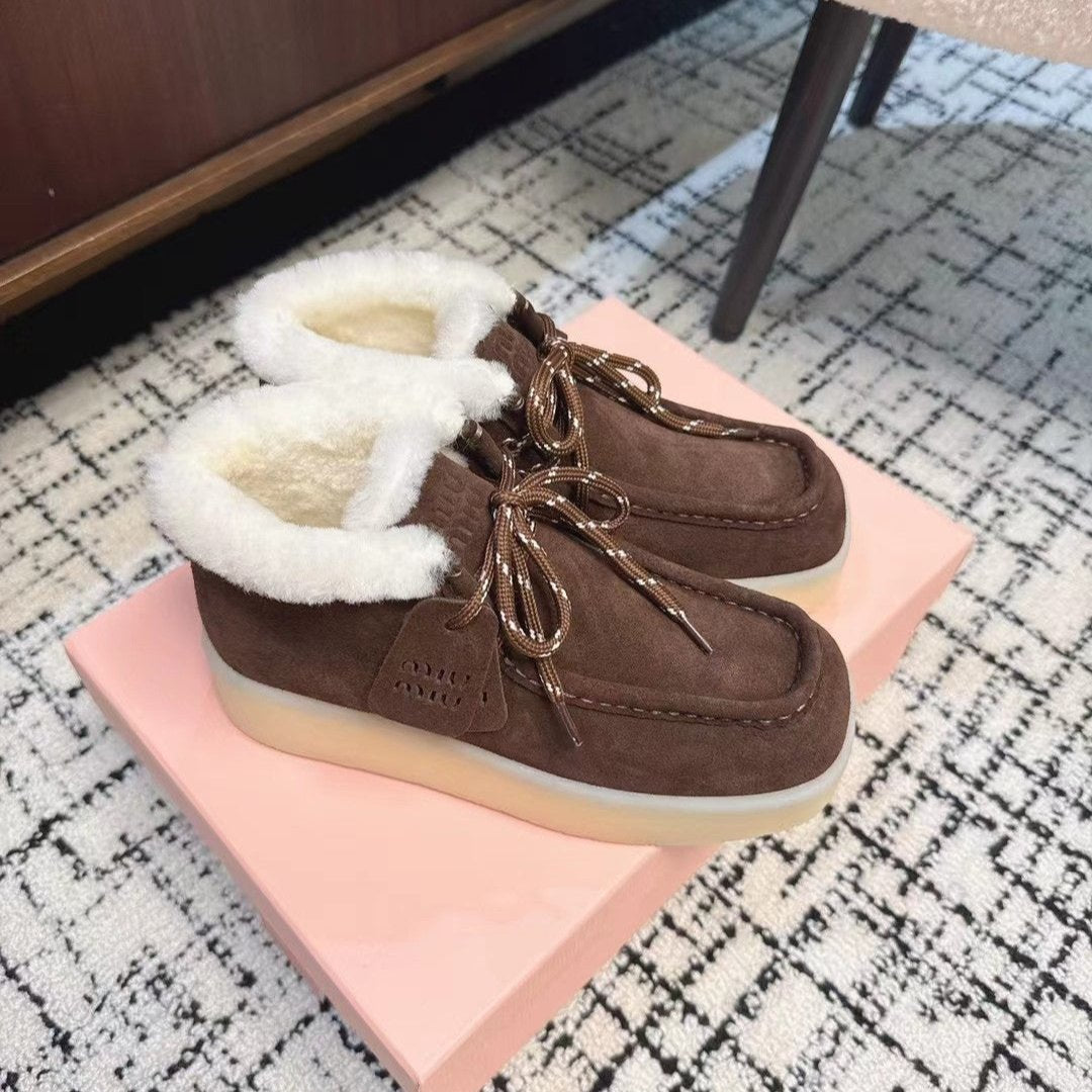 Miu Ankle Boots Chocolate Brown Fleece Lining Cow Suede