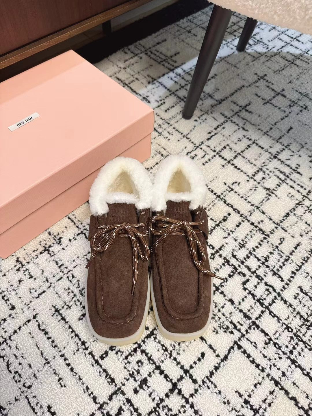 Miu Ankle Boots Chocolate Brown Fleece Lining Cow Suede