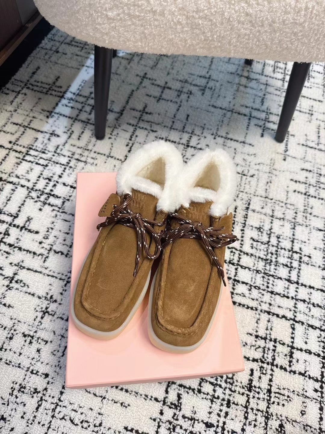 Miu Ankle Boots Brown Yellow Fleece Lining Cow Suede