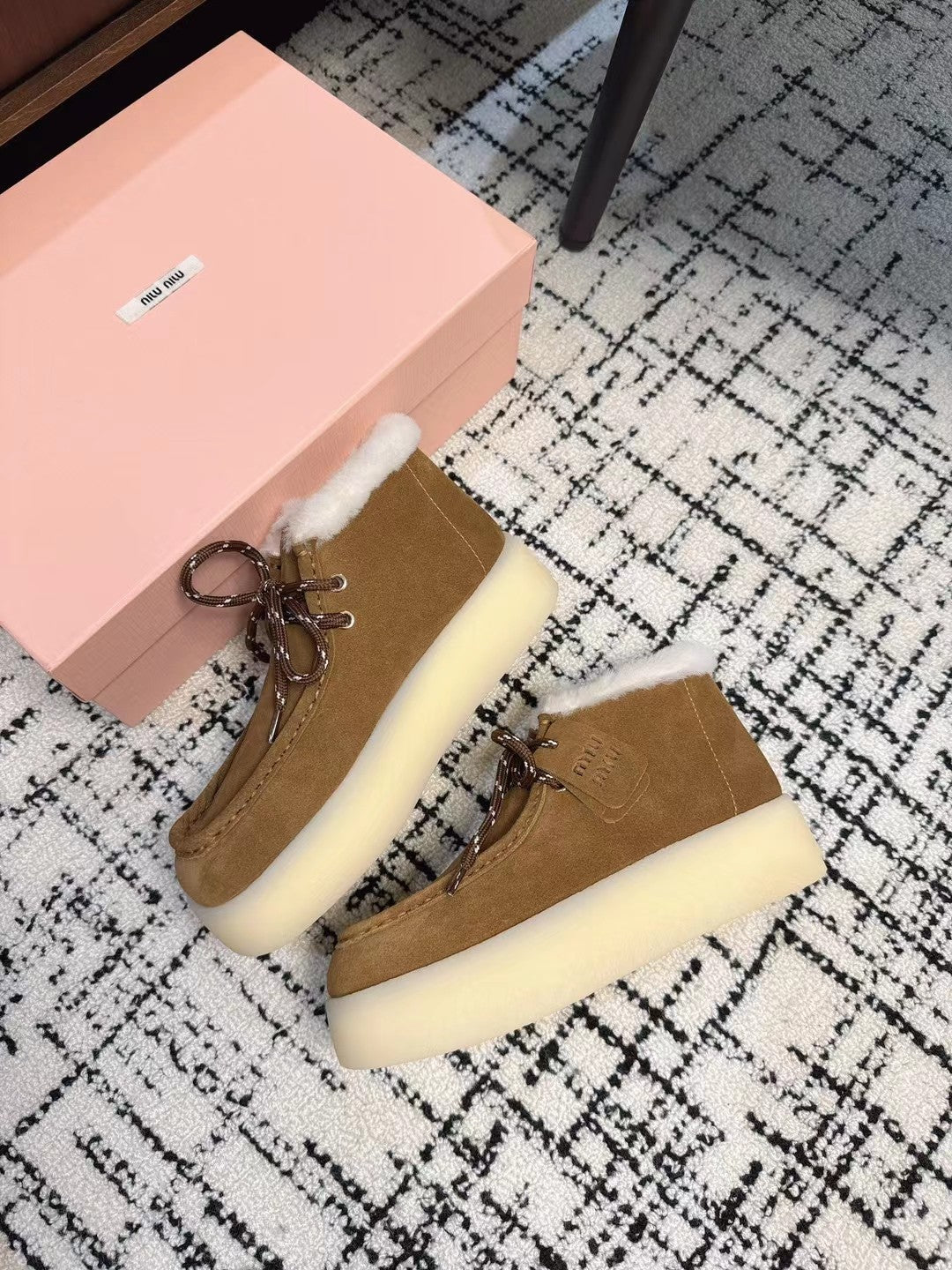 Miu Ankle Boots Cinnamon Brown Fleece Lining Cow Suede