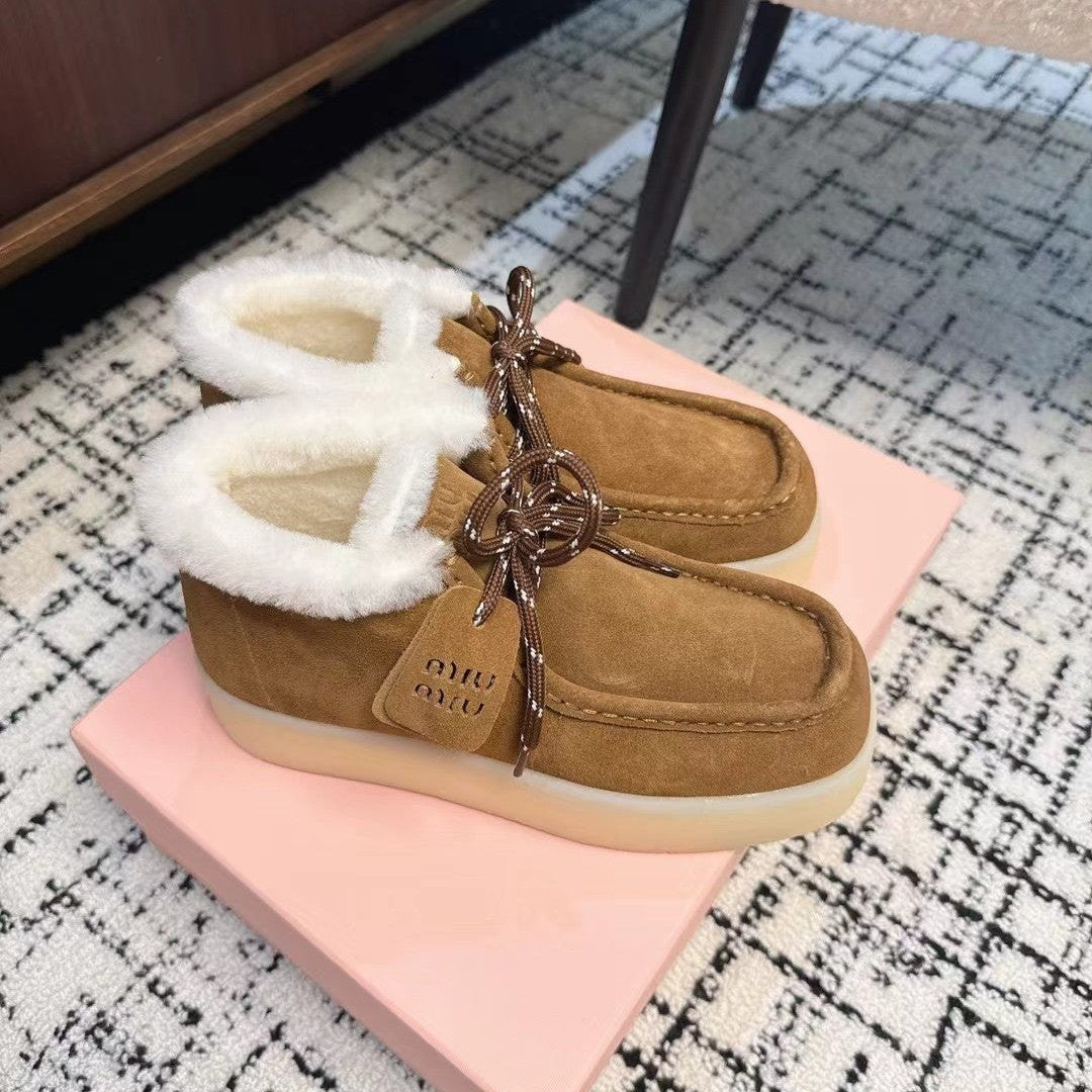 Miu Ankle Boots Cinnamon Brown Fleece Lining Cow Suede