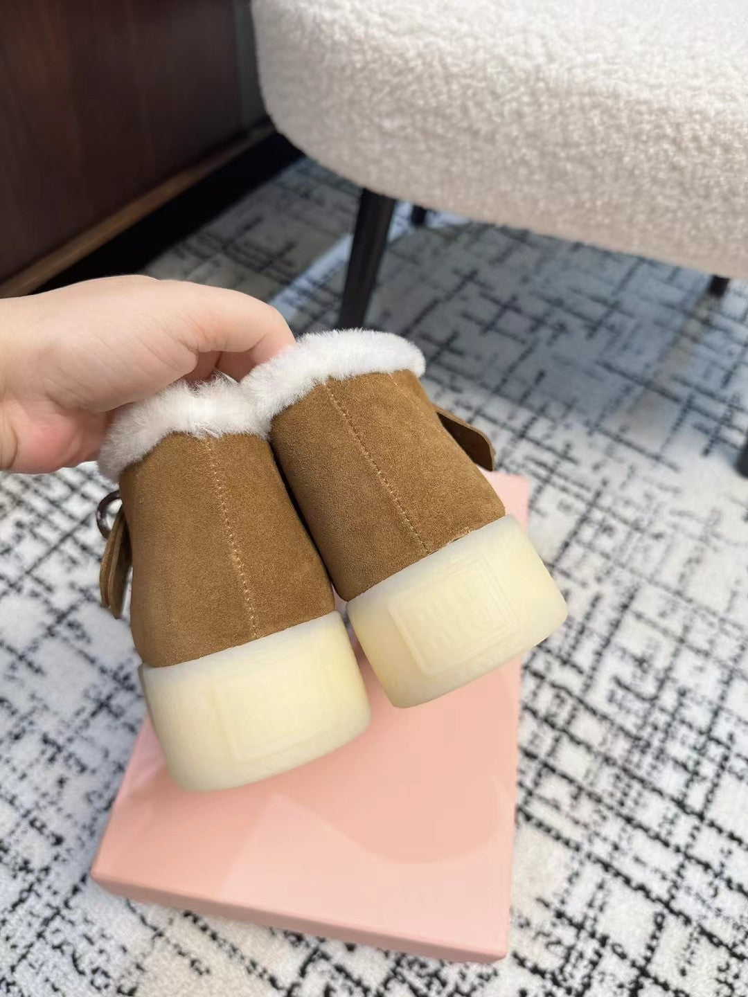 Miu Ankle Boots Cinnamon Brown Fleece Lining Cow Suede