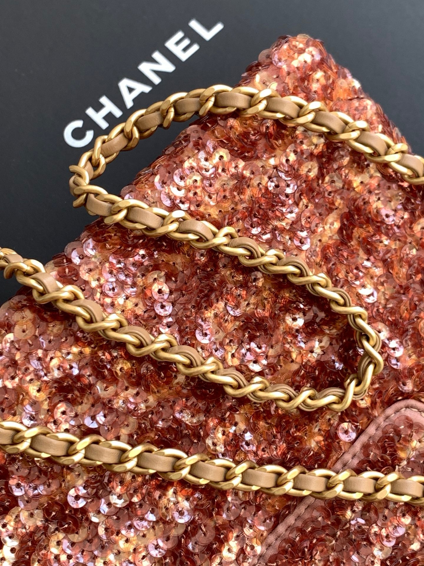 Chanel 2025 Kelly Bag 19cm Pinkish-brown Sequin Leather 319629