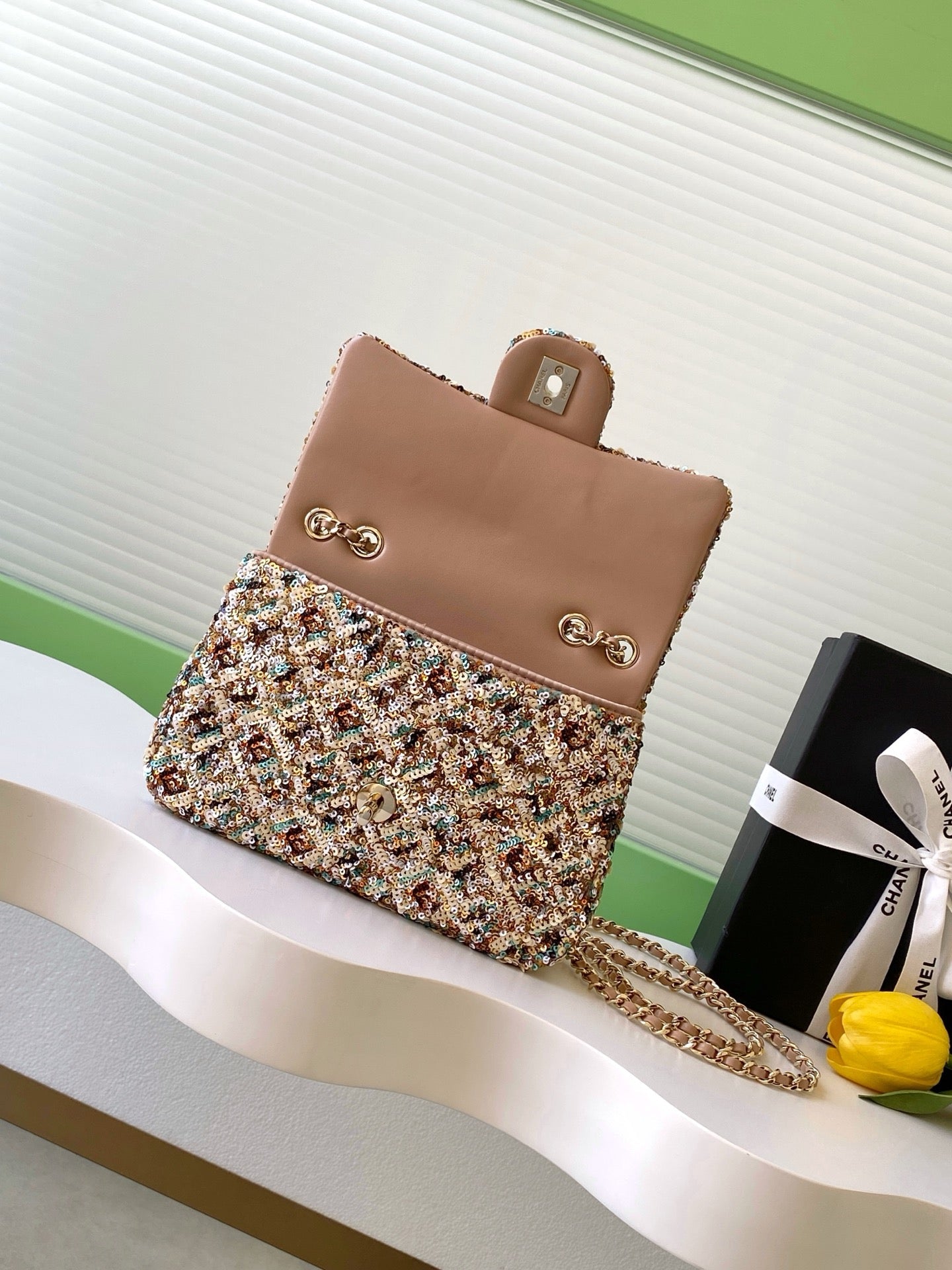 Chanel 2025 Flap Bag 21cm Beige mix Colors Sequin Leather 320284