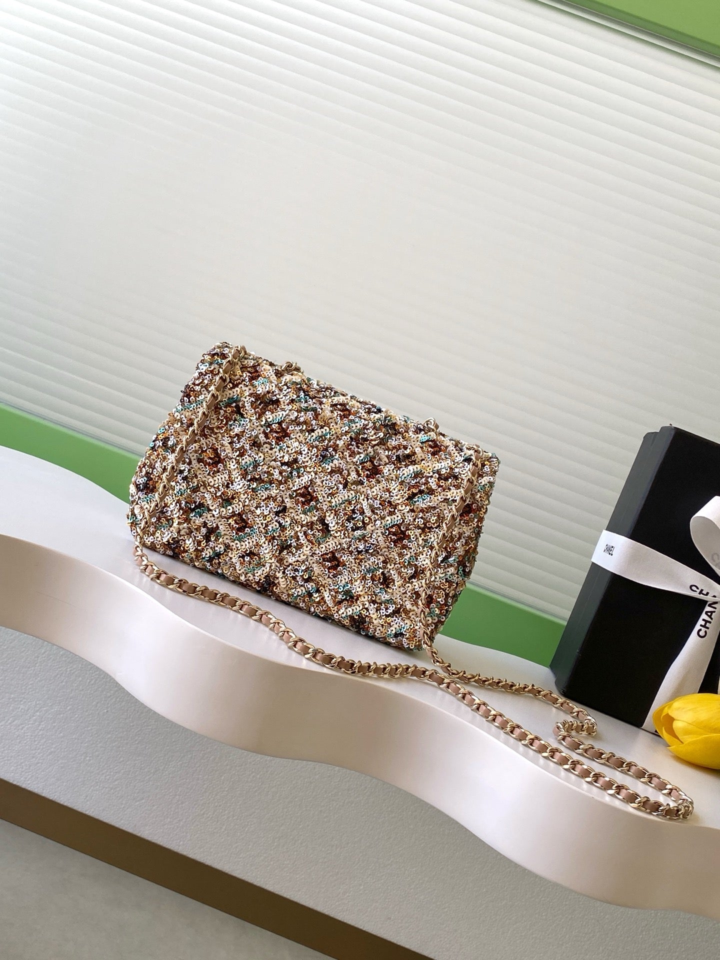 Chanel 2025 Flap Bag 21cm Beige mix Colors Sequin Leather 320284