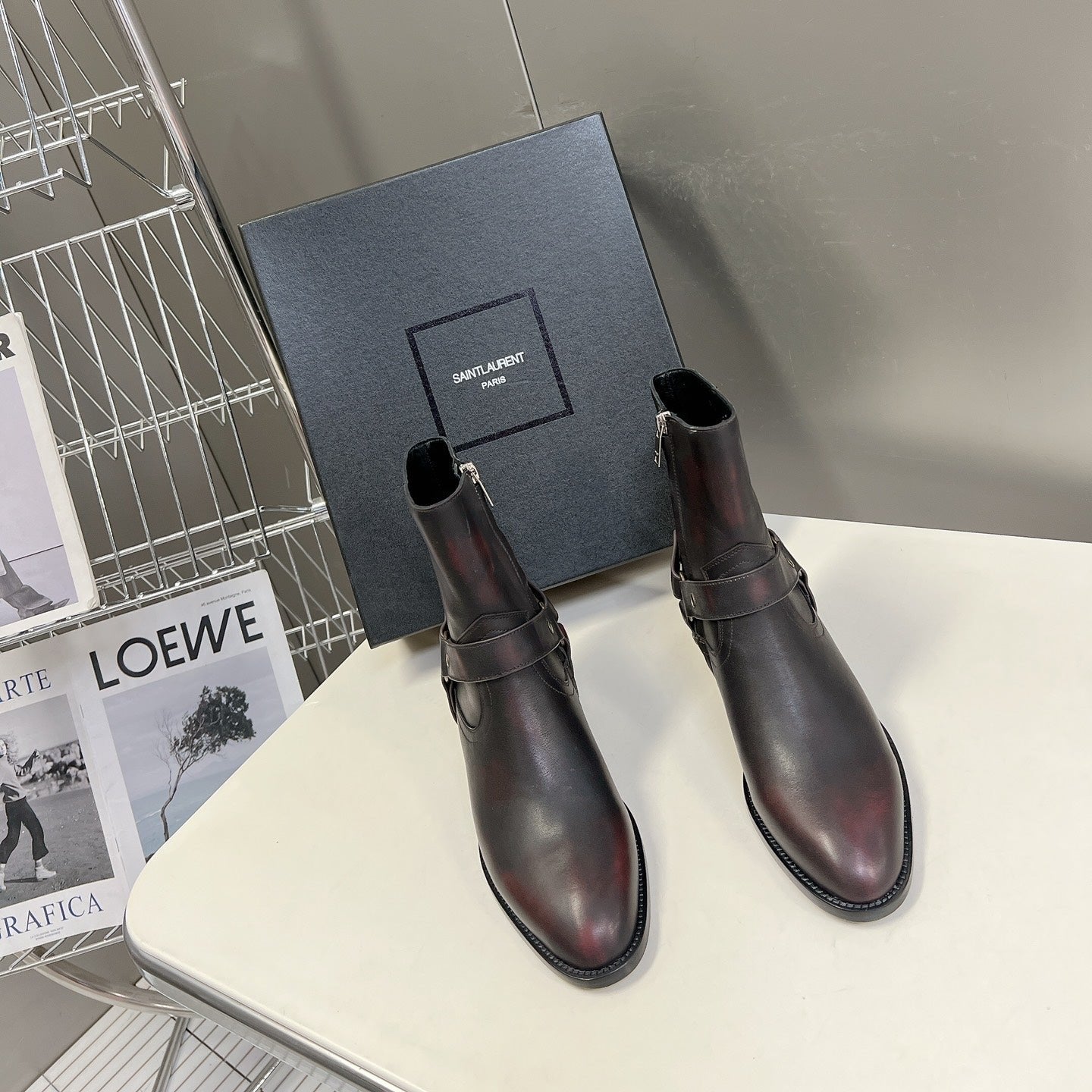 SL HARNESS BOOTS BLACK AND GARNET CALFSKIN