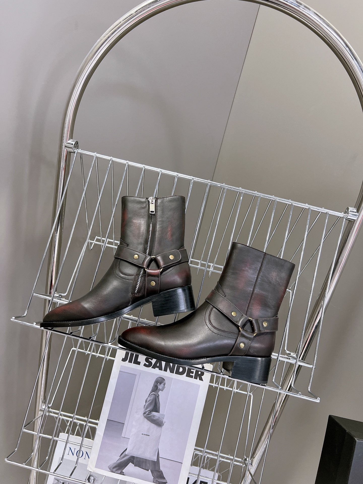 SL HARNESS BOOTS BLACK AND GARNET CALFSKIN