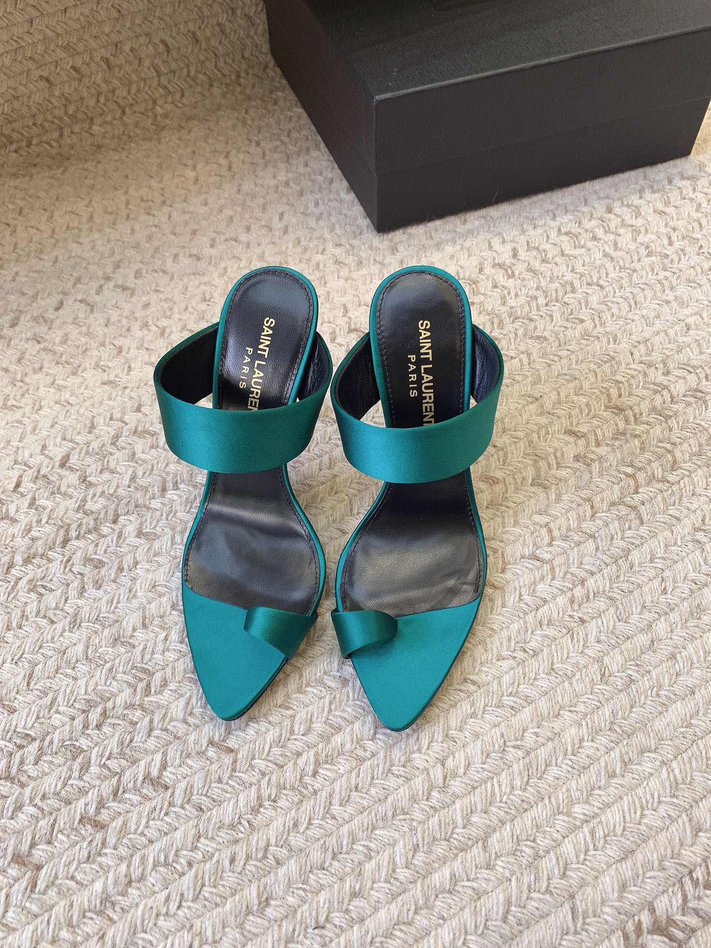 MARTHA POINTED OPEN-TOE HIGH MULES IN TEAL GREEN SILK