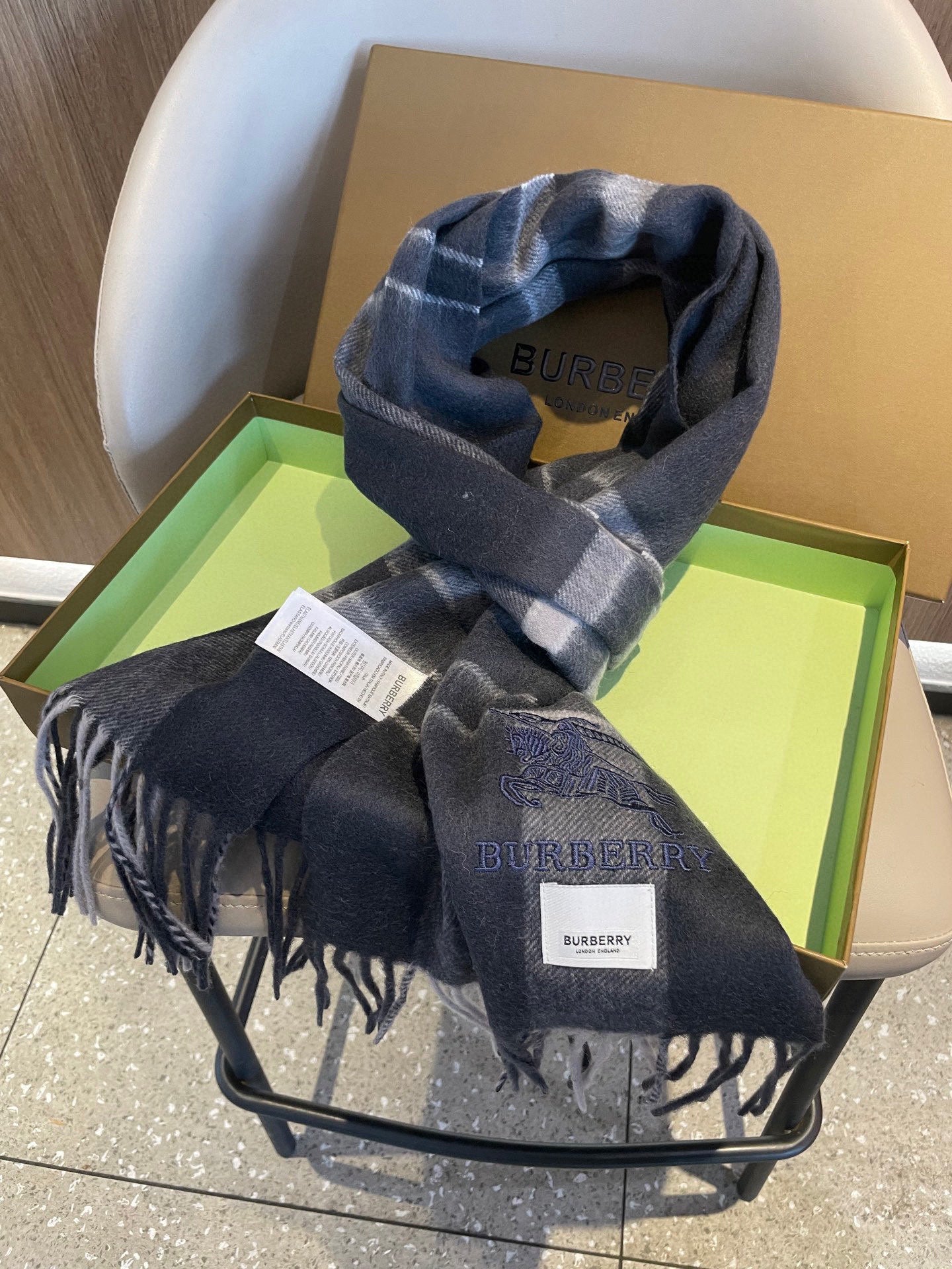 BBR Men's Scarf 200CM Dark Gray Blue Cashmere 293030