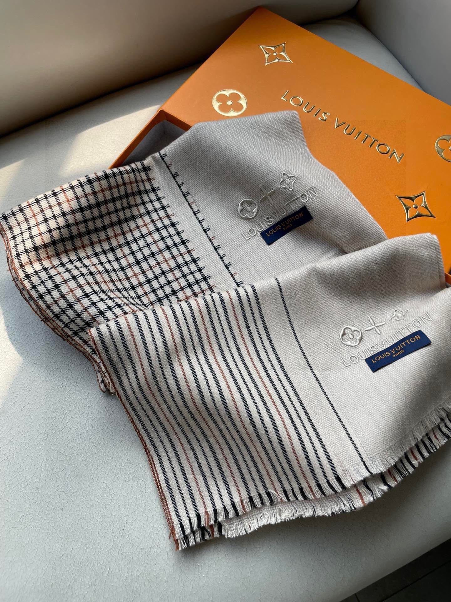 LV Monogram Scarf 180cm Light Beige Black Cashmere 969268