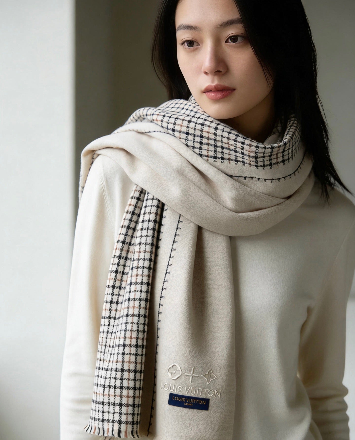 LV Monogram Scarf 180cm Light Beige Black Cashmere 969268