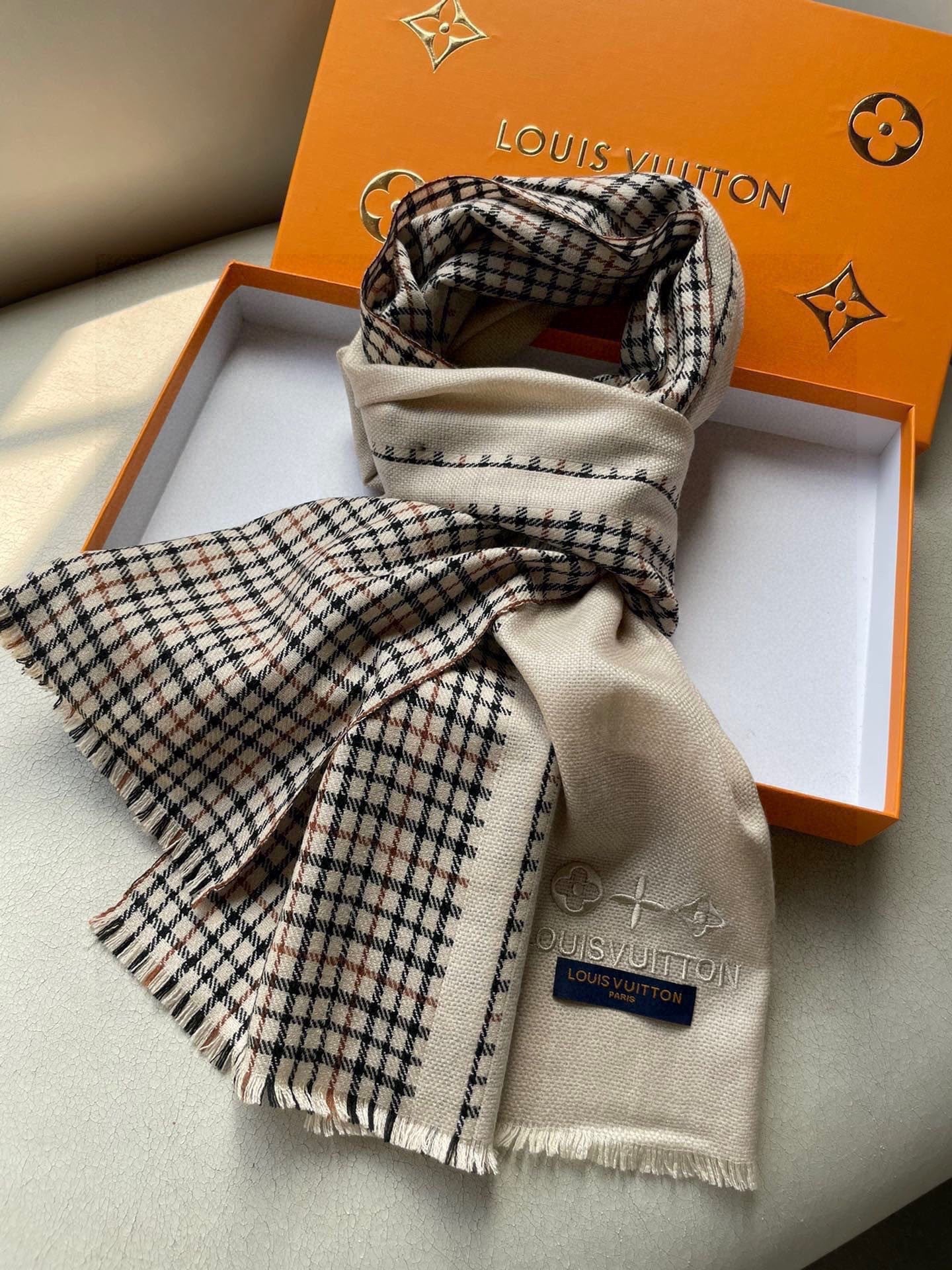 LV Monogram Scarf 180cm Light Beige Black Cashmere 969268