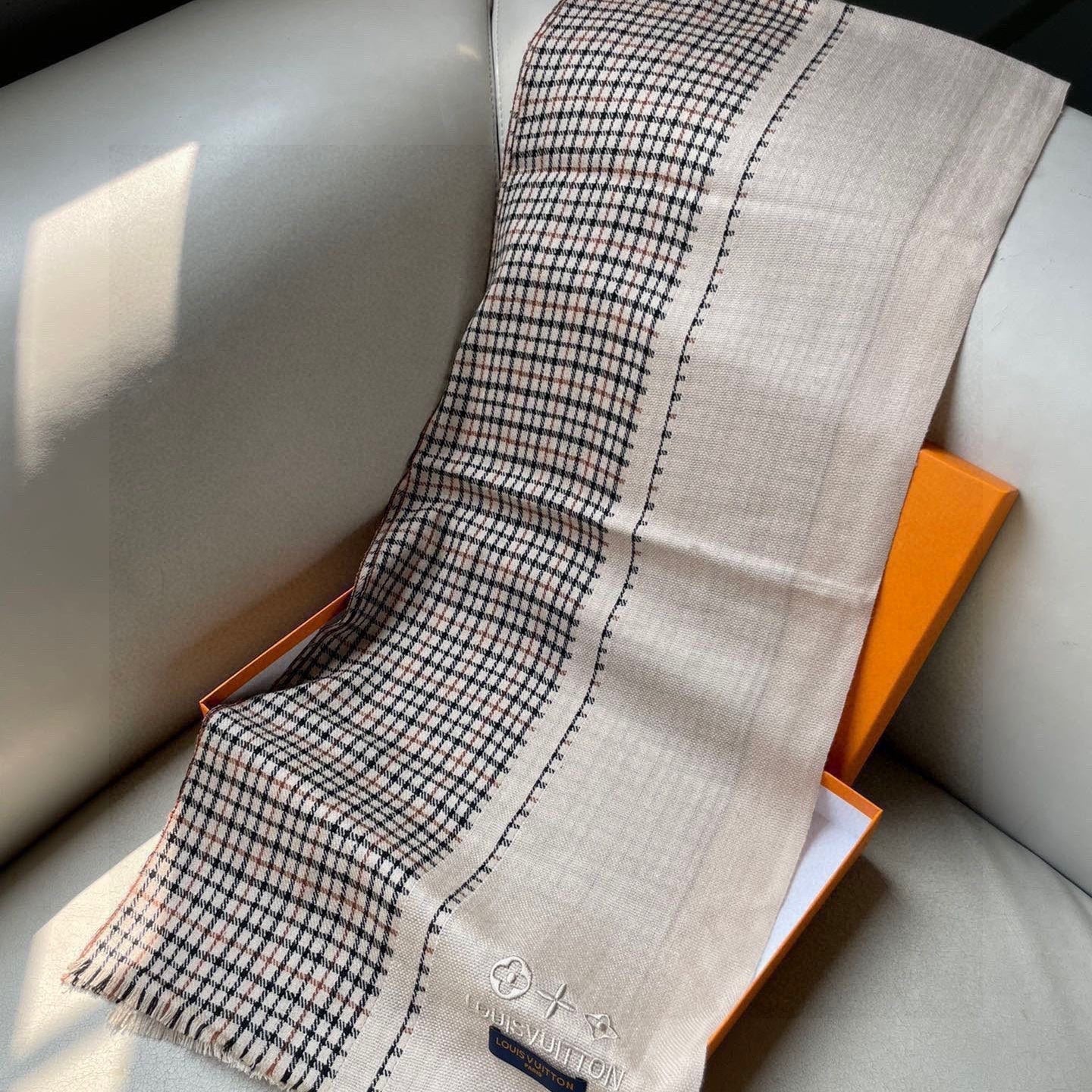 LV Monogram Scarf 180cm Light Beige Black Cashmere 969268