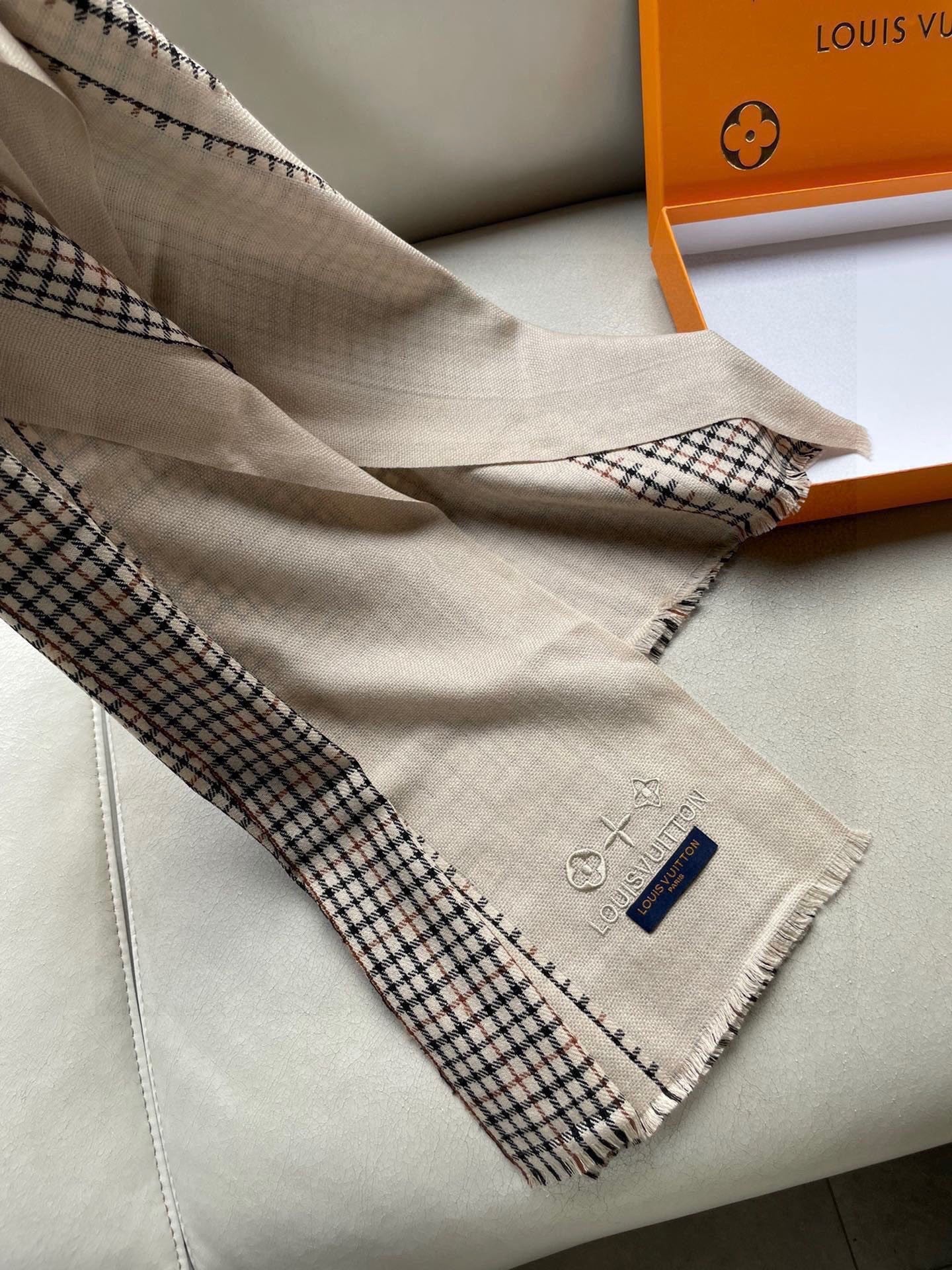 LV Monogram Scarf 180cm Light Beige Black Cashmere 969268