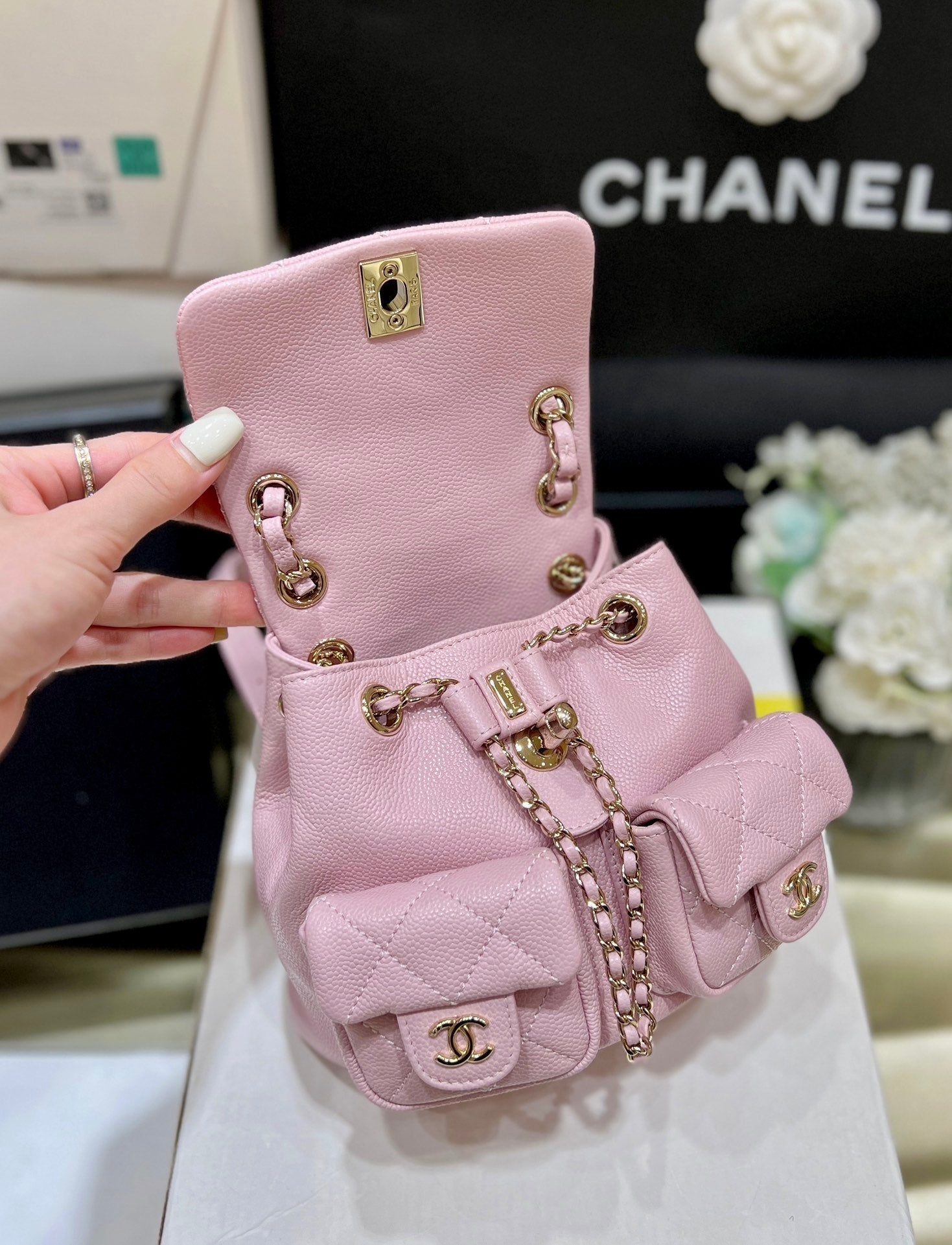 24a duma backpack pink caviar leather light gold hardware